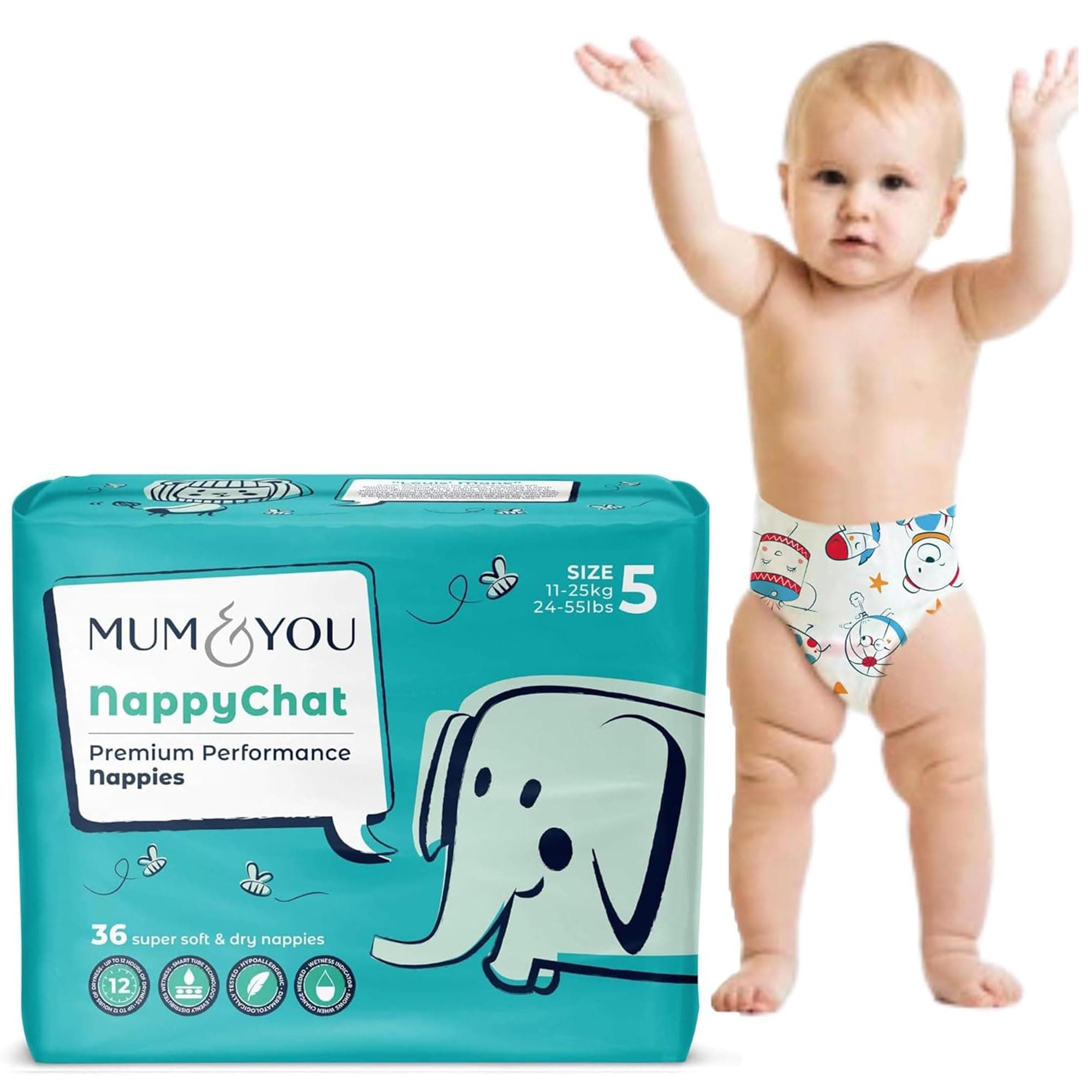 Mum & You Eco Friendly Baby Nappies, Size 5 Nappies (11-25 KG), 36 Count, Dermatologically Tested Nappy with 12-Hr Leak Protection Wetness Indicator, Rash-Free Baby Diaper, Day & Night Time Nappies
