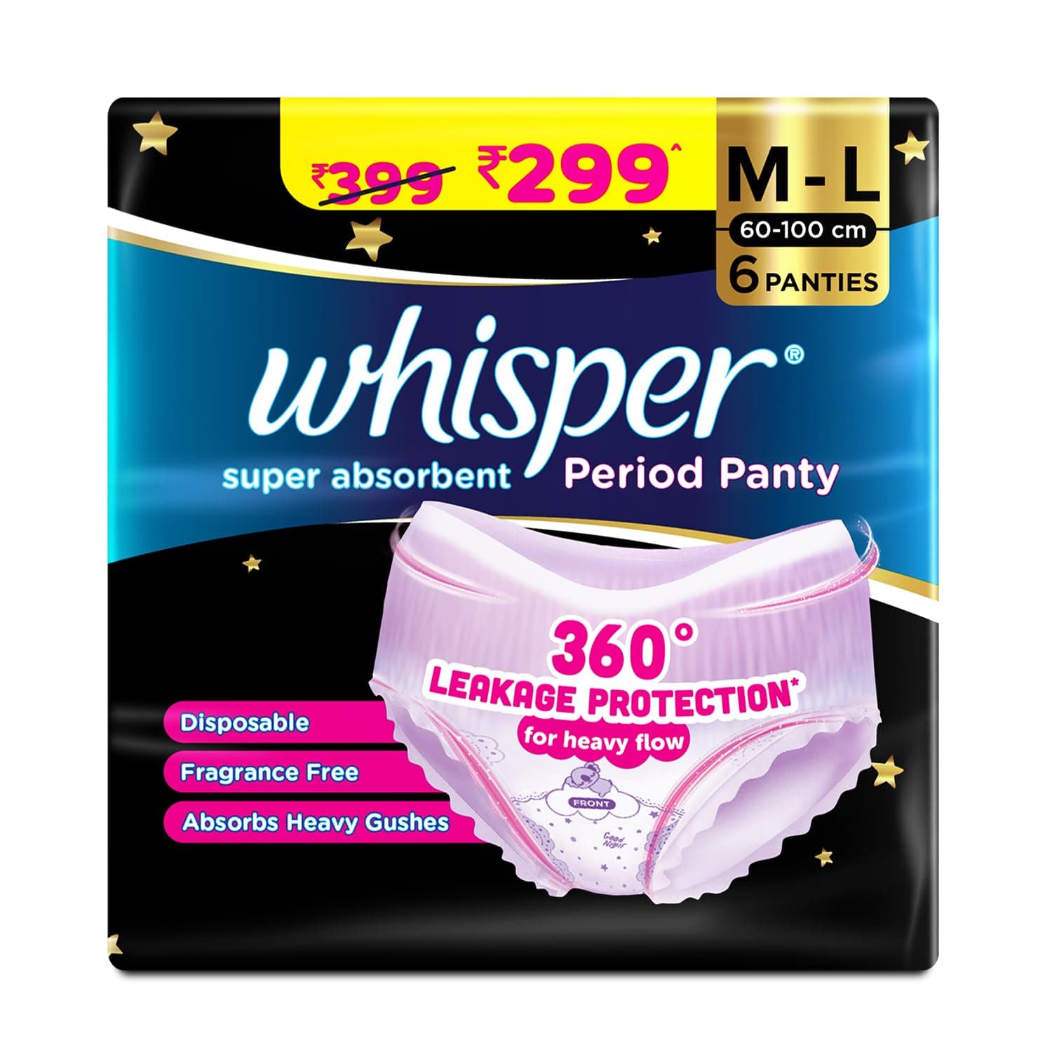Whisper Bindazzz Night Period Panty|6 M-L Panties|upto 0% Leaks|360 degree leakage protection|Full back coverage|Suitable for Heavy Flow|Flex fit|Soft & comfortable|With disposable wrap