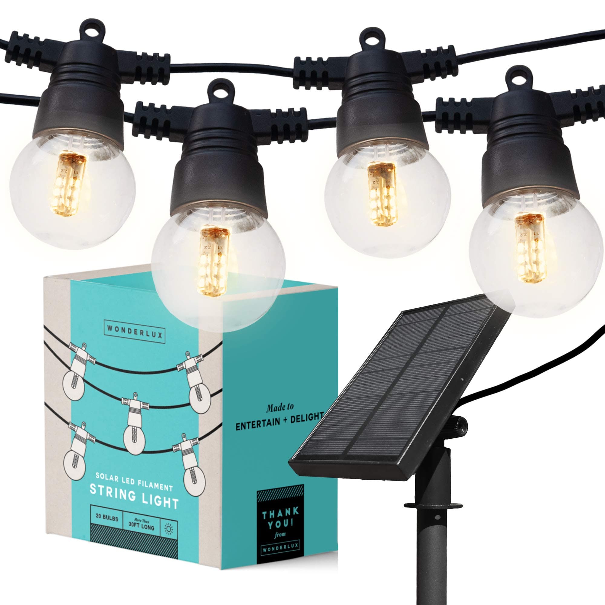 Solar String Lights LED Filament, 20 Clear Bulbs, LONGER 32+ Feet for Outdoor, Porch, Gazebo, Patio. Powers Itself from the Sun, No Plug Needed. Hardware to Attach to Fence, Pergola and more