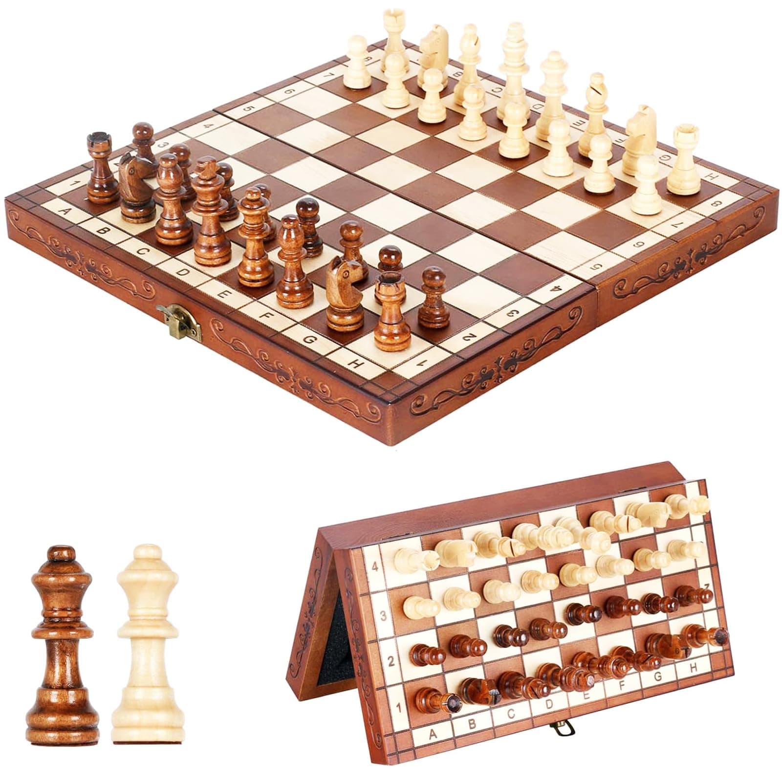 Magnetic Chess Set Board Games, Wooden Folding Hand Crafted Portable Travel Chess Board Game Sets with Game Pieces & Storage Slots For 2 players