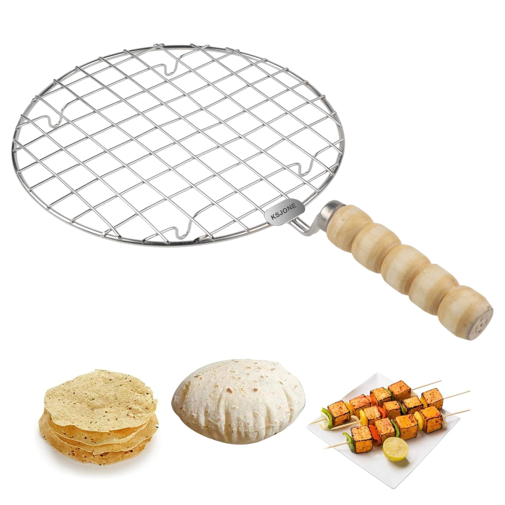 Stainless Steel Multi-Functional Wire Steaming Cooling and Baking Barbecue Rack Round Wire Roaster Rack/Papad Jali/Roti Grill Round Shape with Wooden Handle