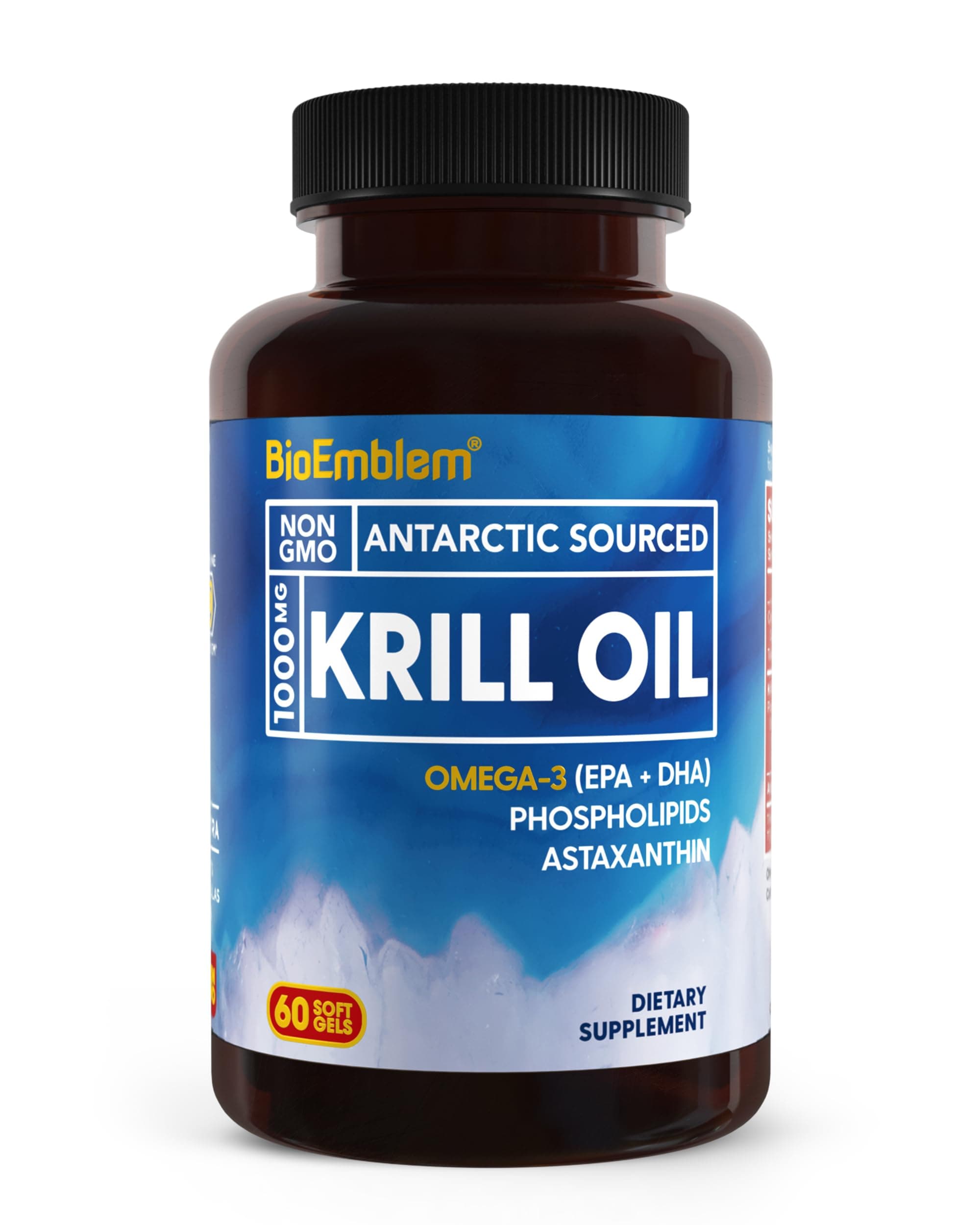 BioEmblem Addition to Antarctic Krill Oil | 1000mg | High Level Omega-3 Oil of EPA + DHA, Astaxanthin and Phospholipids | No Fish Flavor | 60 Soft Capsules without GMO