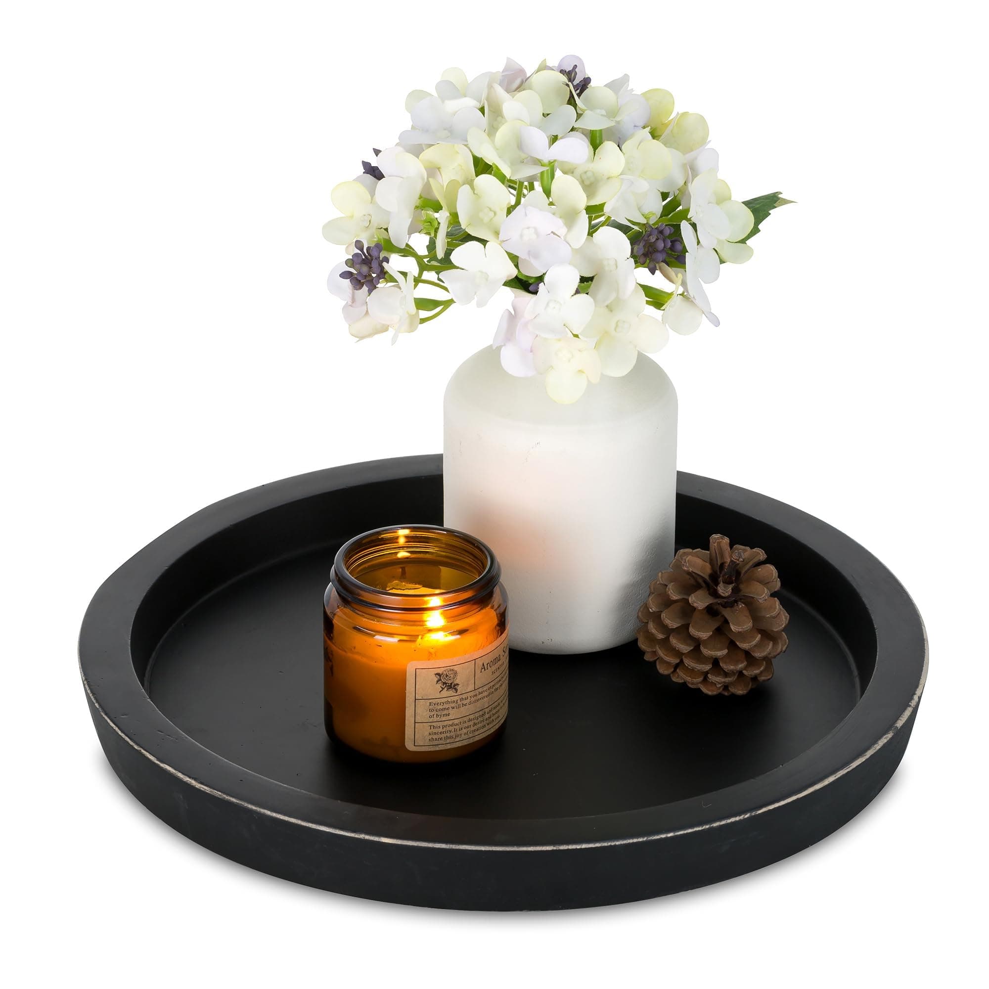 Hanobe Rustic Wooden Serving Tray: Round Wood Decorative Candle Holder Vintage Centerpiece Butler Trays Farmhouse Ottoman Tray for Decor Kitchen Countertop for Home Coffee Table (Black, 1)
