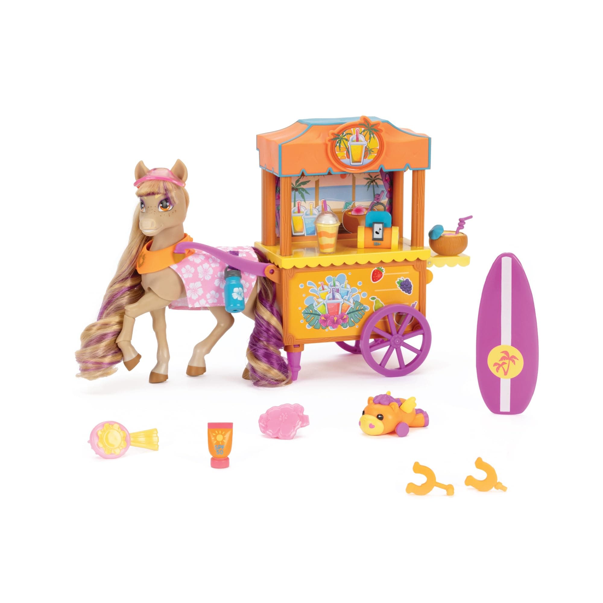 Horse Toys – Bailey’s Surf & Snacks Playset with Boba Cart, Surfboard & Accessories – Includes Brush, Visor & Pegasus Plush – Ages 3+