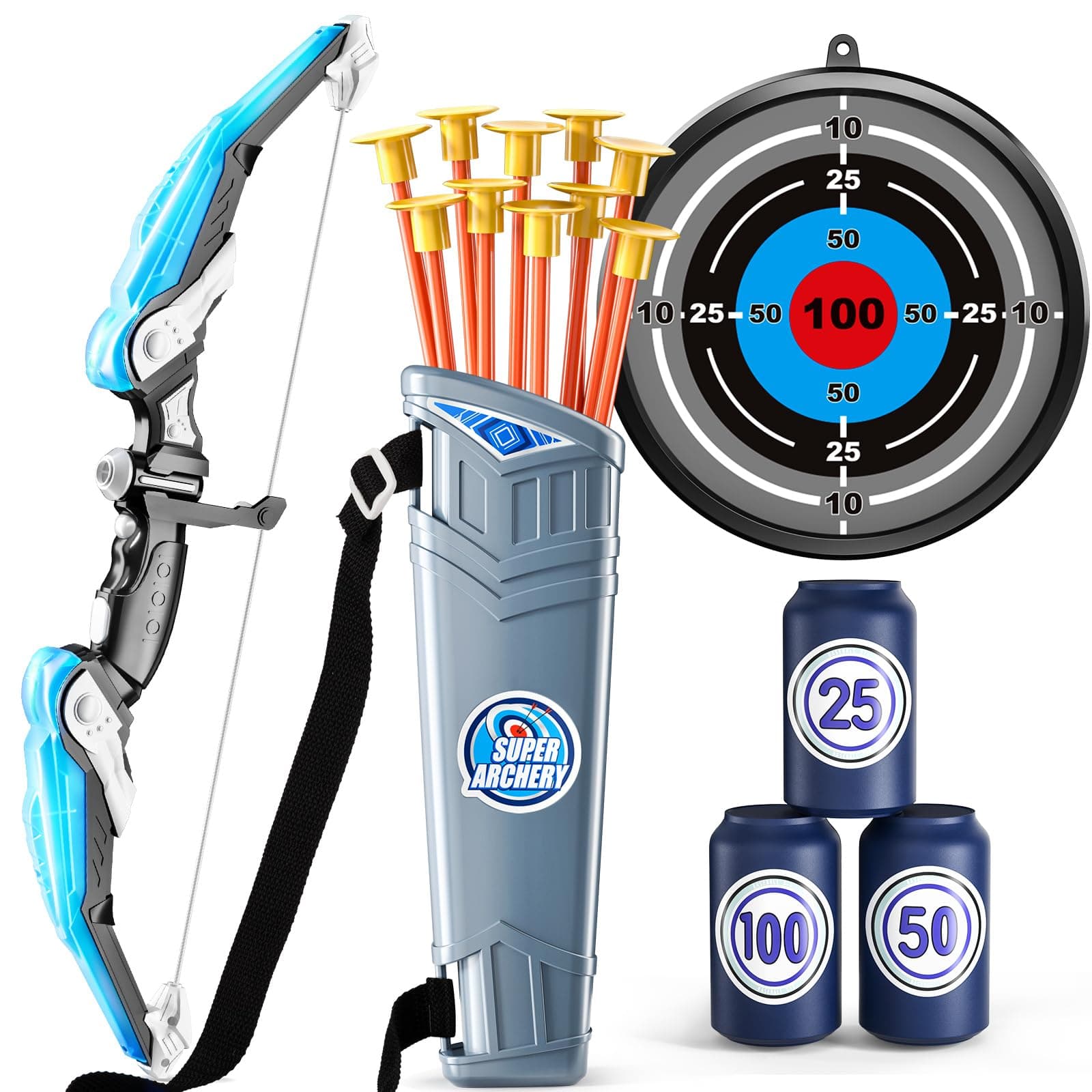 TEMI Bow and Arrow Set for Kids - LED Light Up Archery Set - Includes 10 Suction Cup Arrows, 4 Target & Shoulder-Strapped Quiver, Outdoor Toys Archery Boys Toys Gifts for 3-12 Years Old Boys Girls