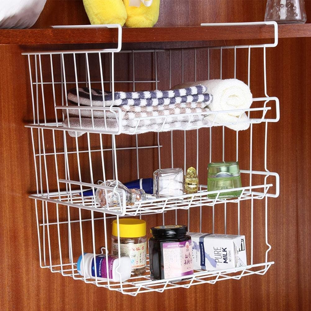 Livzing 3 Layer PVC Rubber Coated Metal Steel Stackable Removable Multifunctional Undershelf Storage Hanging Basket - Organizer Rack , White