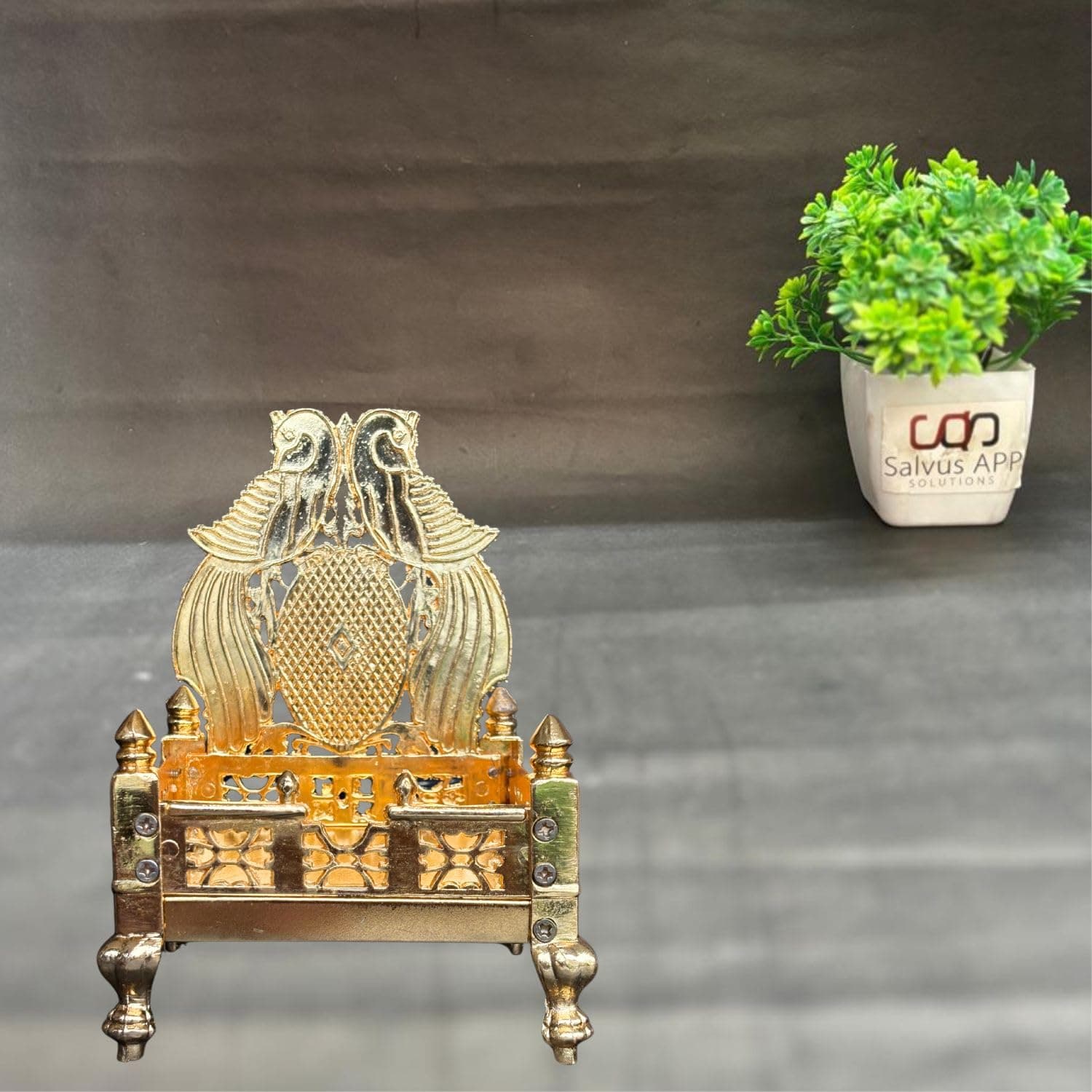 Salvus APP SOLUTIONS Beautiful Metal Golden Sinhasan Singhasan for God Idol for Car Dashboard and Home Decor (3.5x5.5 Inch)