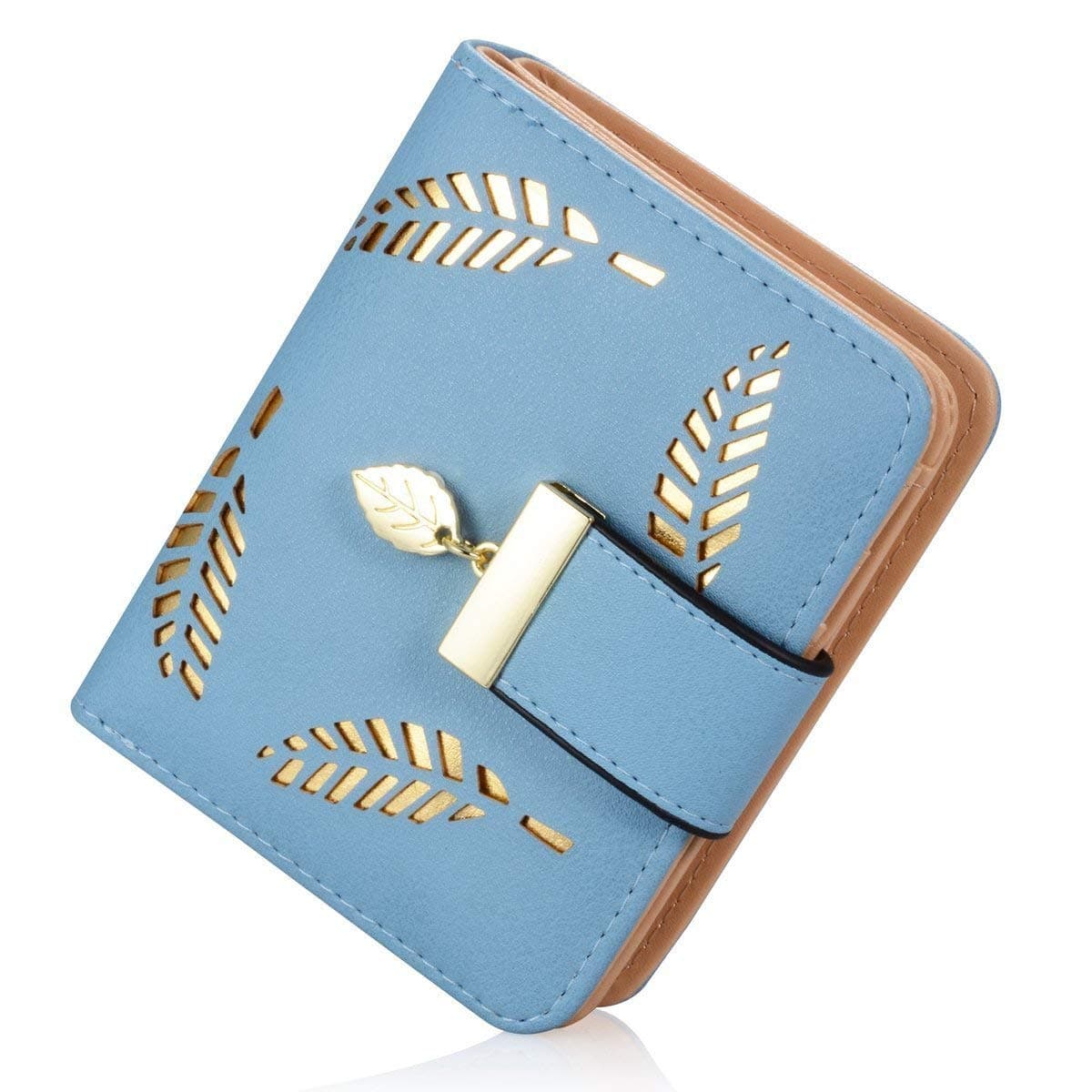 Women's Wallet Hollow Leaf Pattern Bifold Leather Lady Purse Coin Button Clutch Bag (Blue-short)