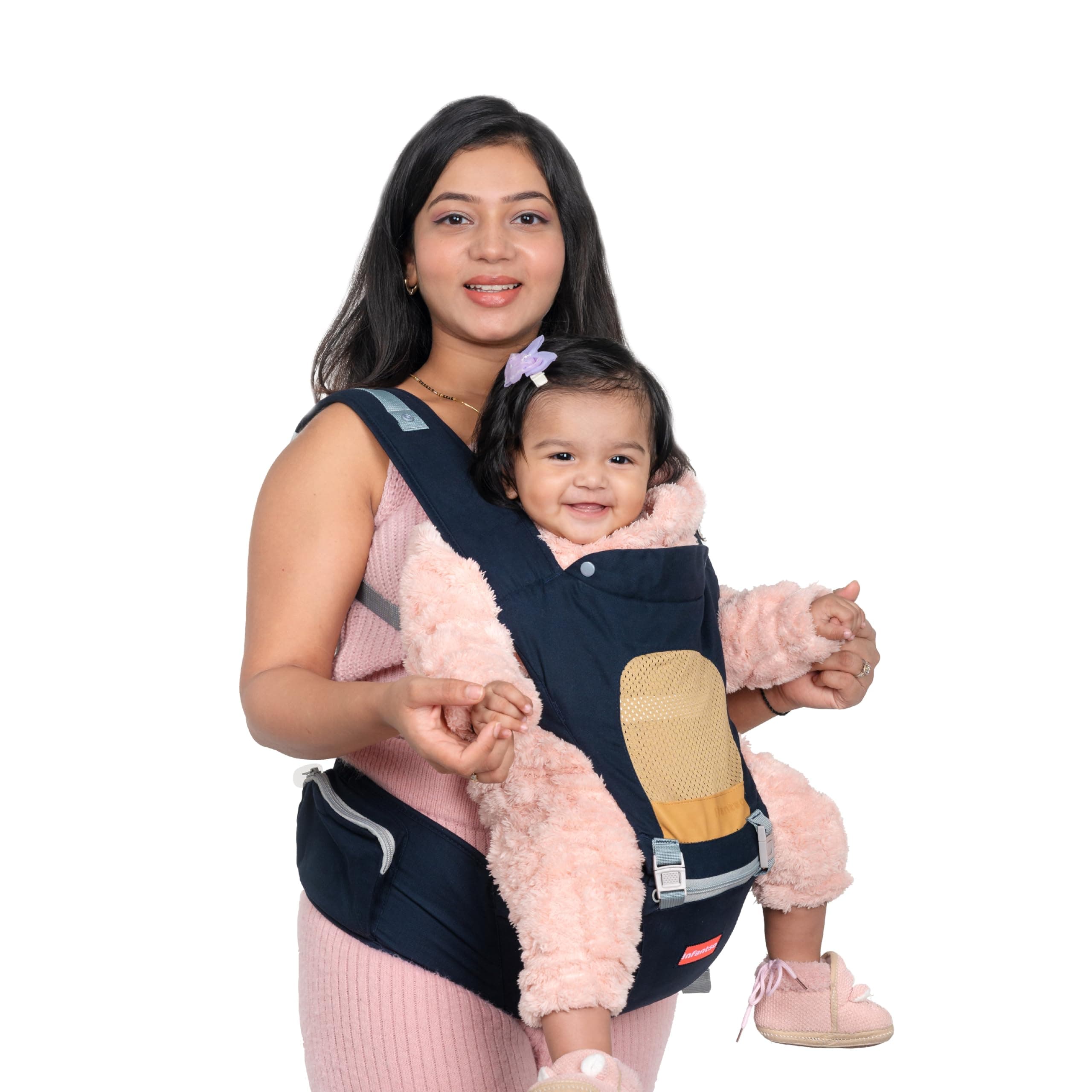 Infantso Hip Seat Baby Carrier (Navy Blue) with 4 Adjustable Carry Positions, 100% Cotton Fabric,for 3 to 24 Months Toddlers, Kangaroo Style New Born to Toddler Carrier with Up to 15kg Weight