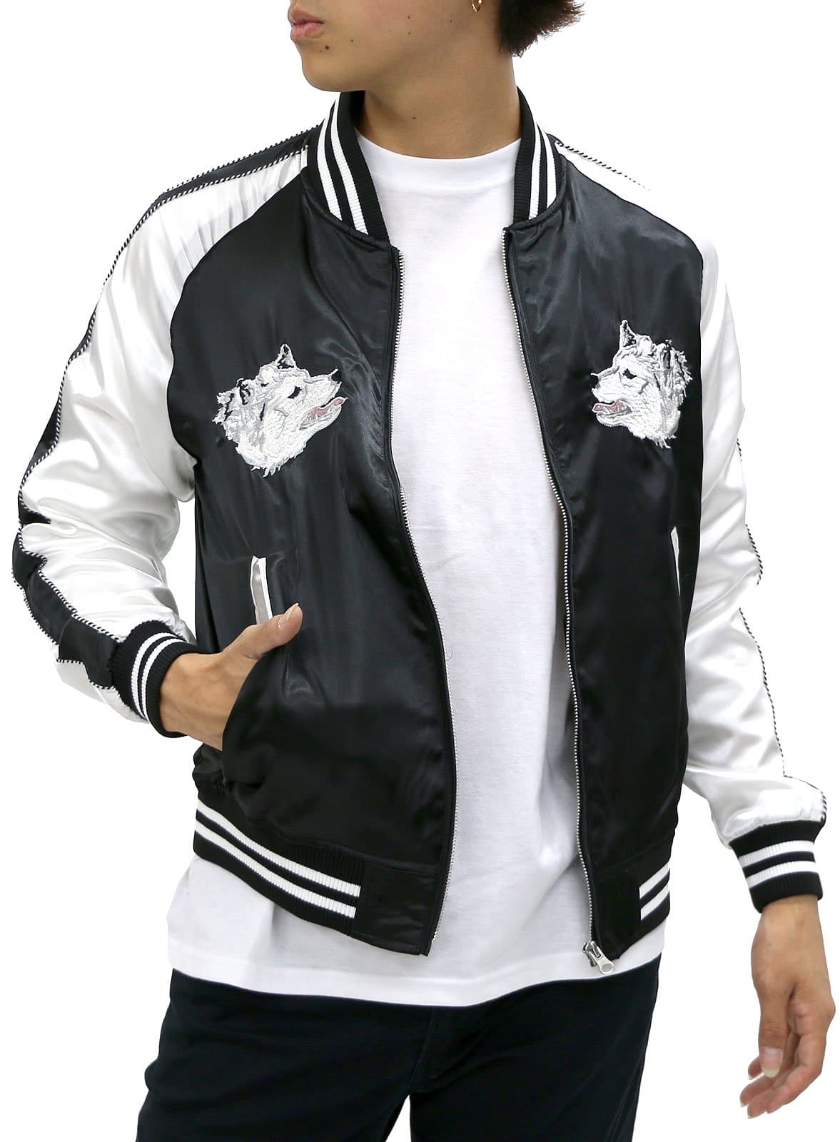 Men's Souvenir Jacket Sukajan Embroidered Bomber Jacket Wolf Mount Fuji