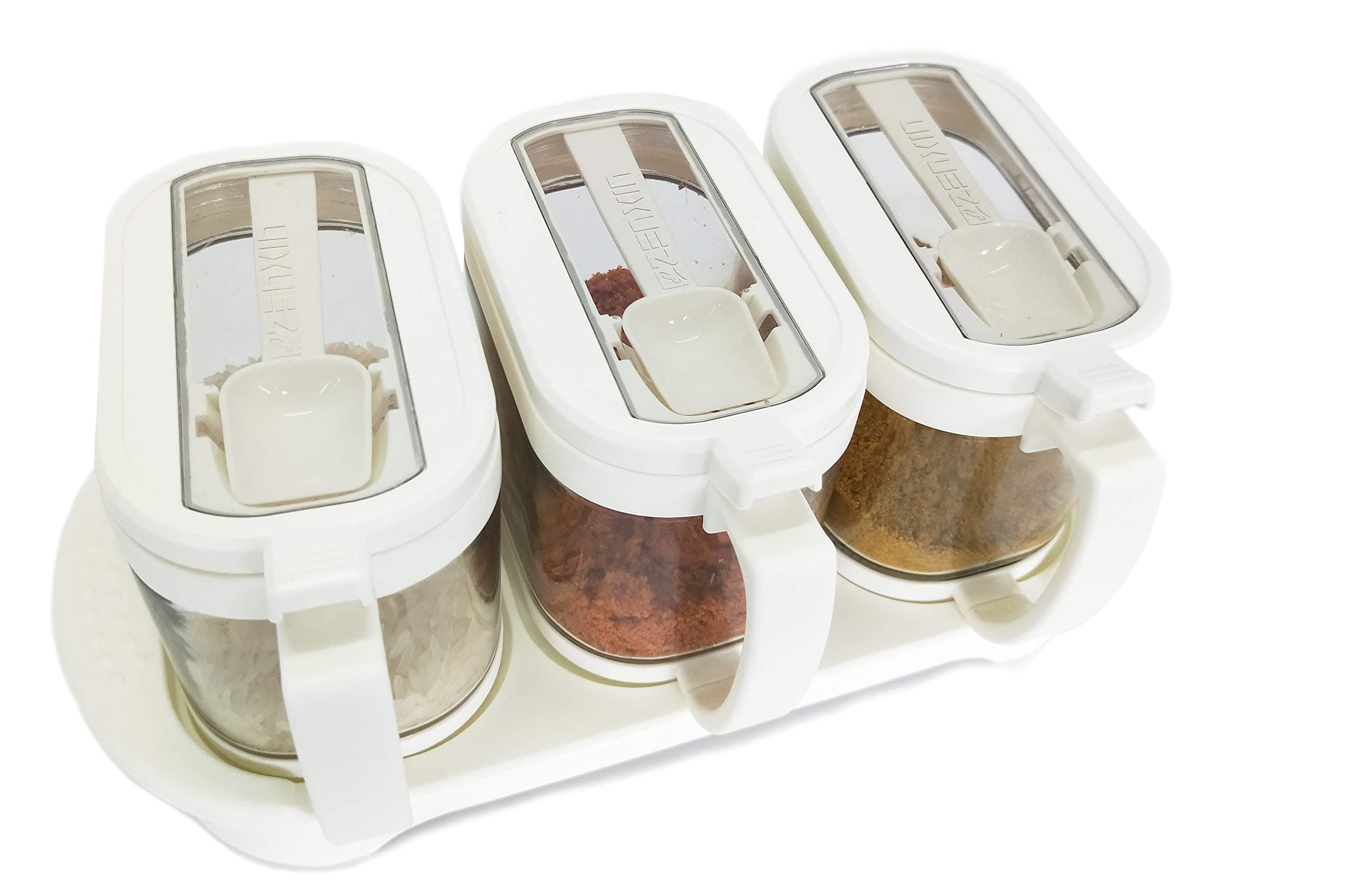 TENTA Kitchen Transparent Glass Condiment Jar Seasoning Box Set Spice Jar Kitchen Condiment Container Cruet with Lid & Spoon Kitchen Utensils, 3pcs/Set with Tray-ZENXIN (White Color)