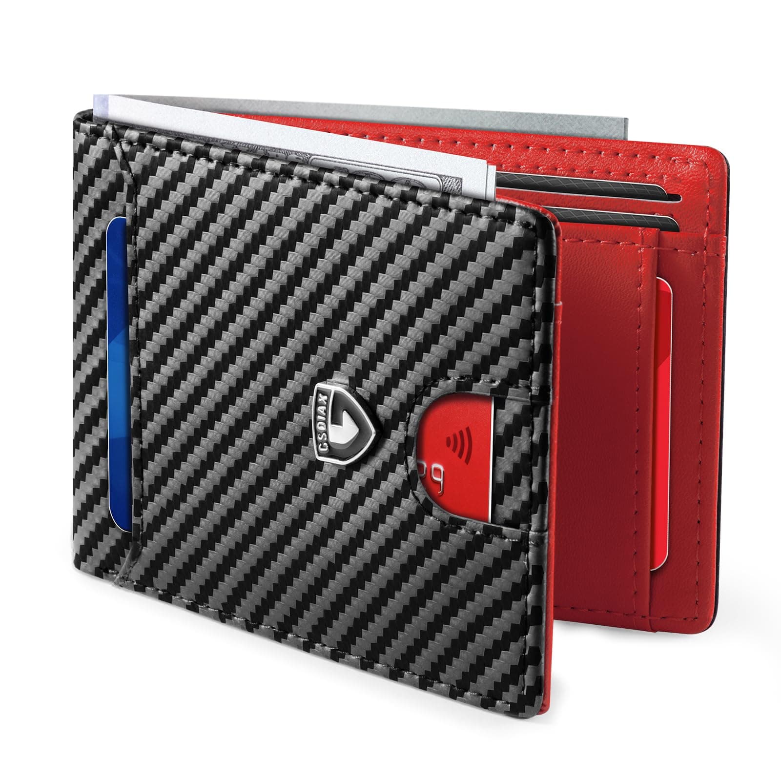 GSOIAX Slim Wallet for Men RFID Blocking Bifold Wallet Carbon Fiber Front Pocket Wallet with 11 Card Holder Minimalist Mens Wallet with Gift Box(Carbon Black and Red)