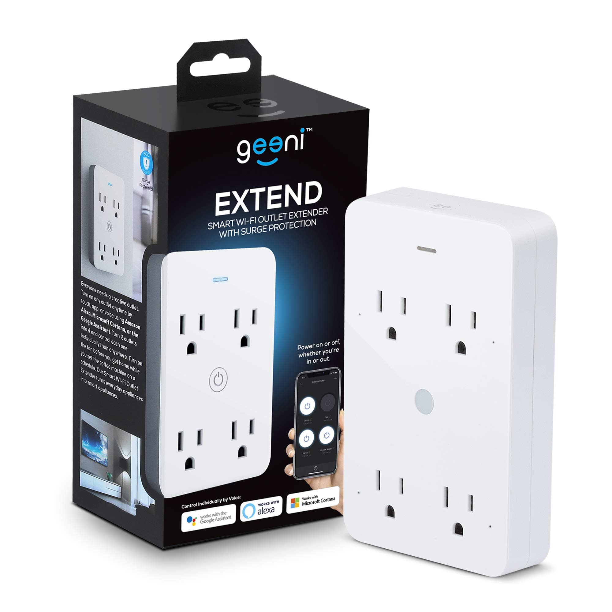 Geeni Smart Wi-Fi 4 Outlet Plug with Surge Protection, – No Hub Required – Compatible with Alexa, Google Home, White – 1-Pack