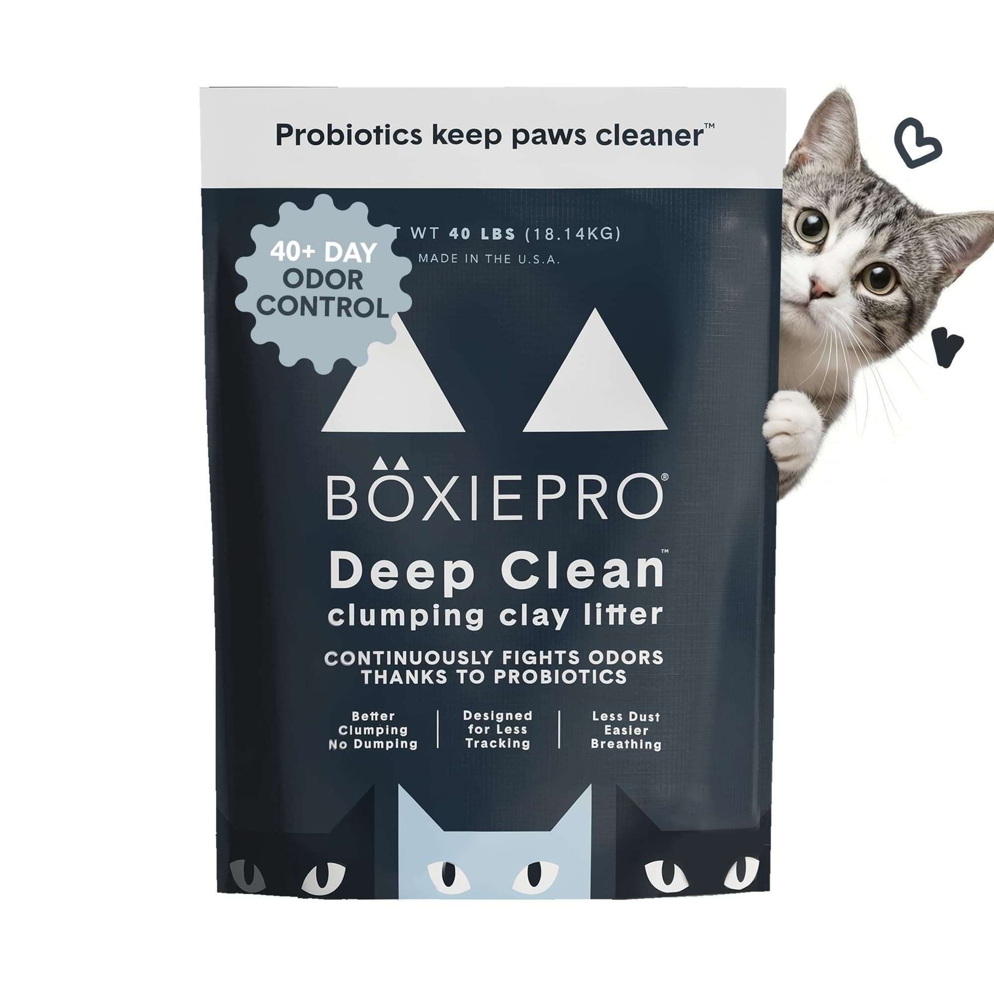 BoxiePro Deep Clean Probiotic Clumping Clay Cat Litter -Scent Free- 40 lb- Cat Activated Probiotics- Longer Lasting Odor Control, Stays Ultra Clean, 99.9% Dust Free
