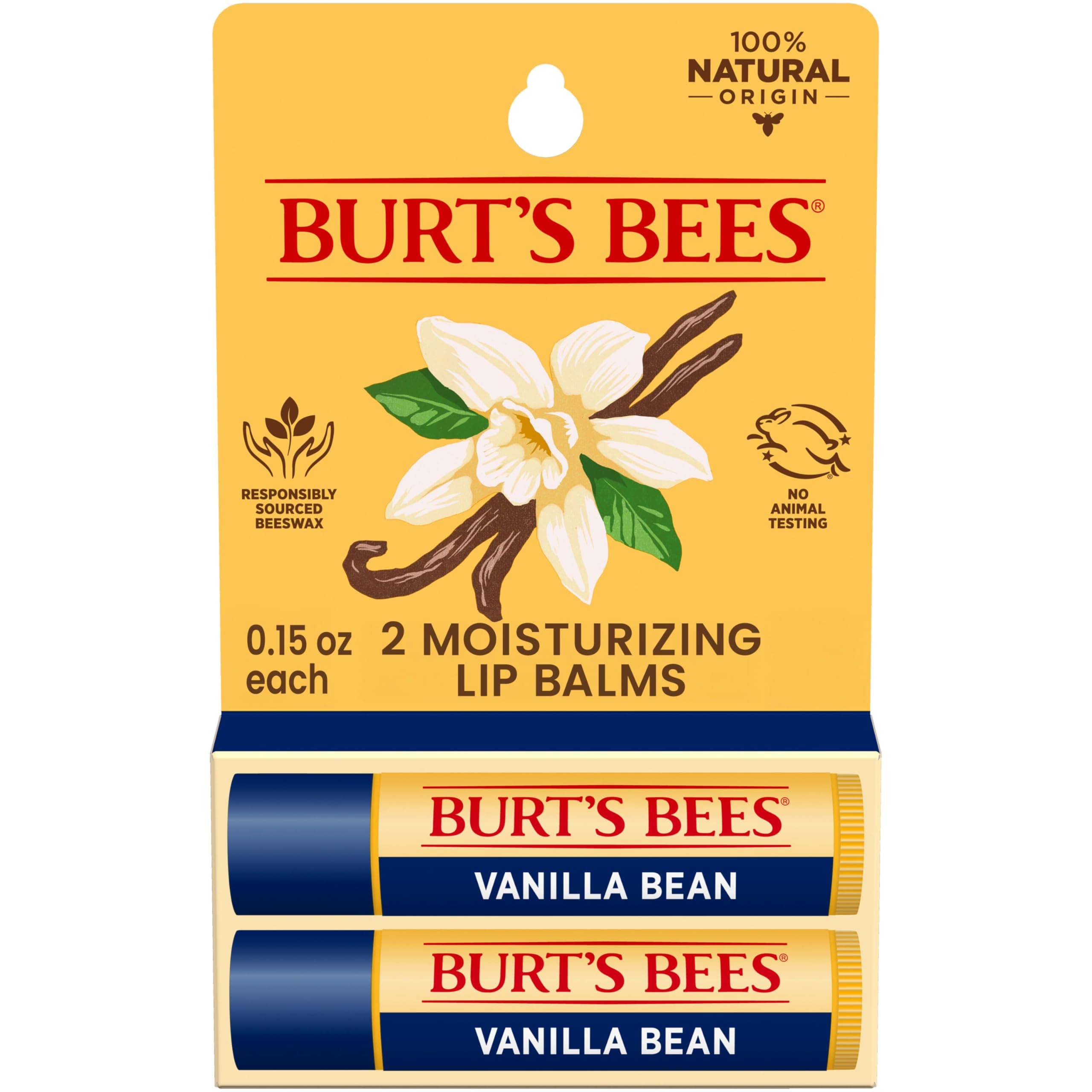 Burt's Bees Lip Balm - Vanilla Bean, Lip Moisturizer With Responsibly Sourced Beeswax, Tint-Free, Natural Origin Conditioning Treatment, 2 Tubes, 0.15 oz.