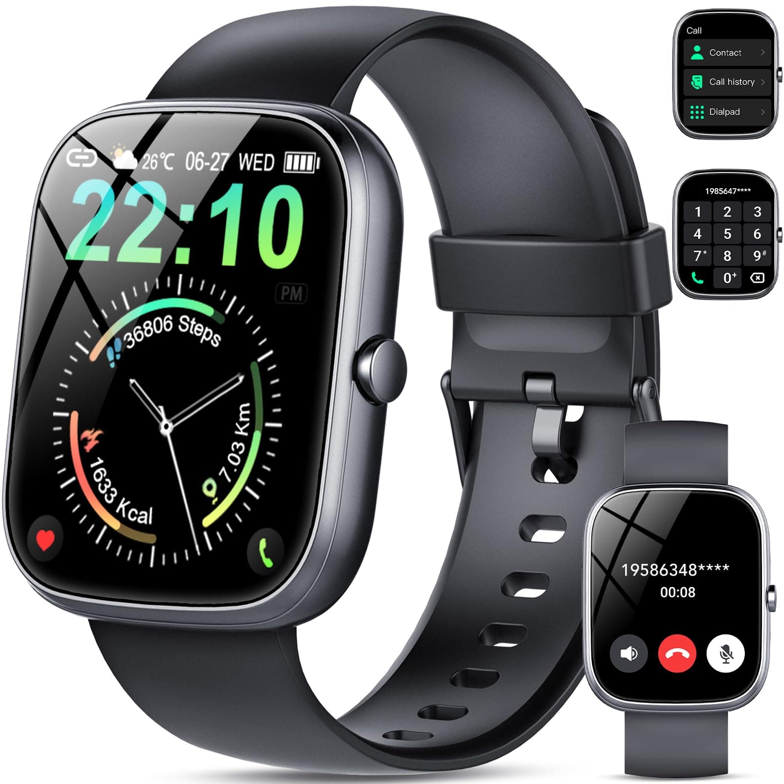 Smart Watch(Answer/Make Call), 1.91" Smartwatch for Men Women IP68 Waterproof, 110+ Sport Modes, Fitness Activity Tracker, Heart Rate Sleep Monitor, Black Upgrade