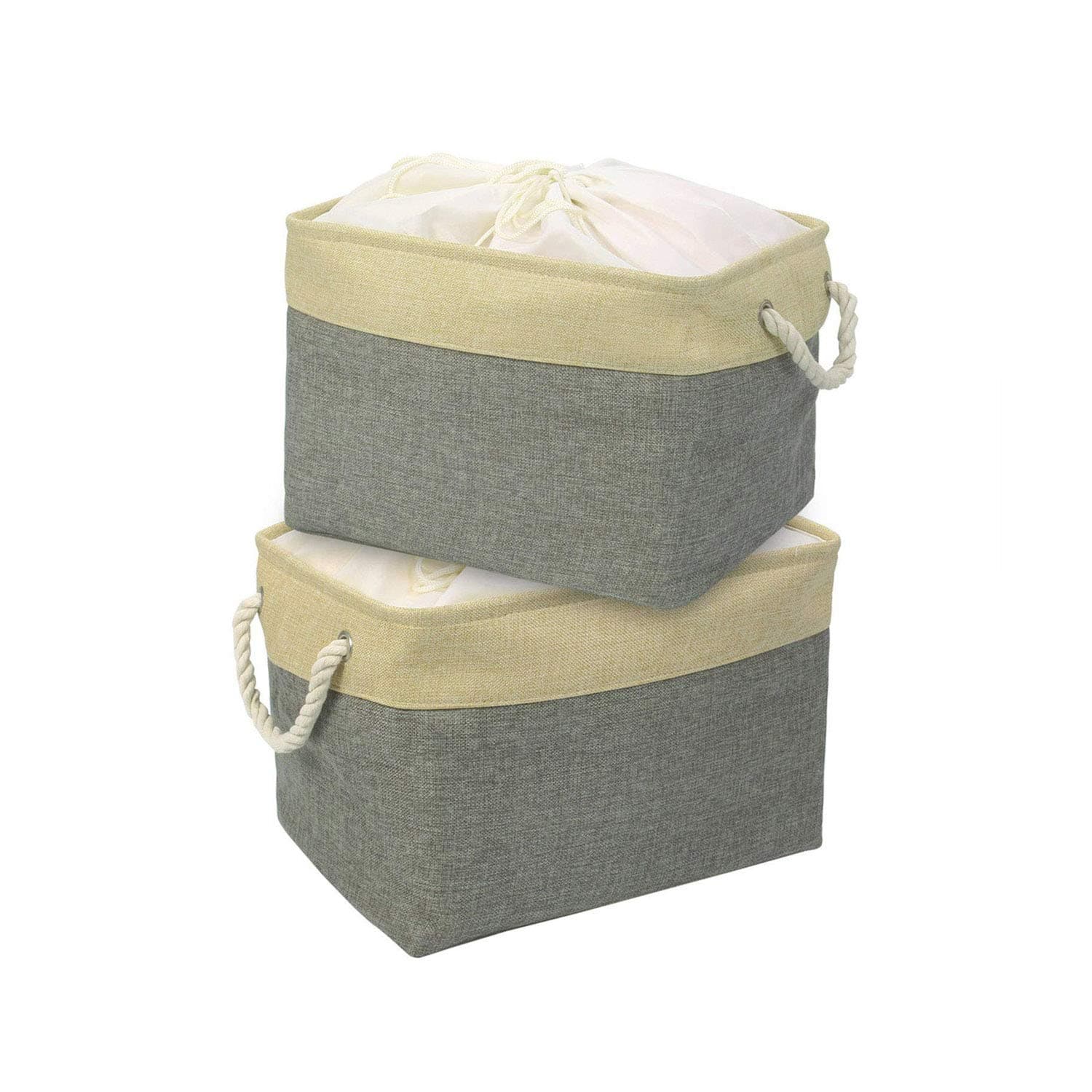 HomeStorie ® Jute Cloth Storage Basket Bin Organizer with Drawstring Closure Lid - Set of 2 (Grey , Large )