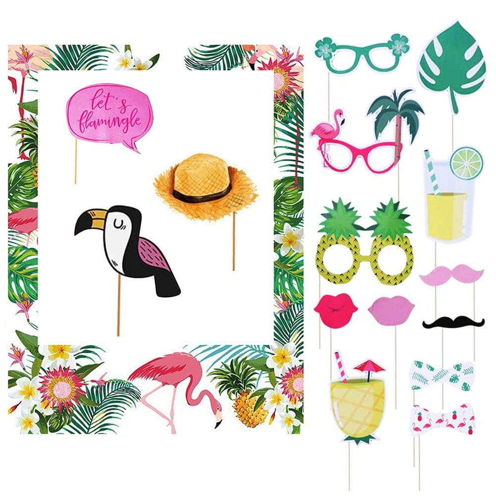 SIMUER Photo Booth Prop Frame 16 Pcs Set, Bamboo Material, Multicolor, Tropical Party Supplies, DecorativeCutouts for Tiki Birthday Baby Shower Bride Shower Wedding Decoration