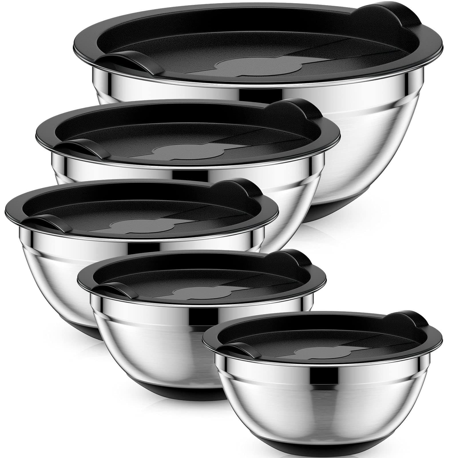 BOMEVP Mixing Bowls with Airtight Lids, 5pcs Stainless Steel Metal Nesting Bowls for Kitchen, Non-Slip Silicone Bottom Size, 5, 3.5, 2, 1.5, 1QT, Measuring Marks, Fit for Mixing & Serving, Black
