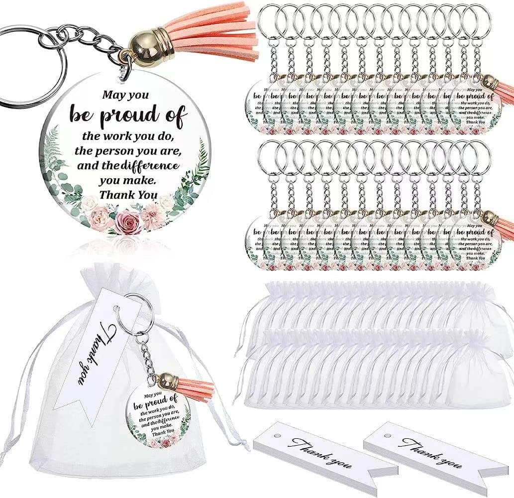 48Pcs Appreciation Acrylic Keychain,Floral Circle Keychain With Tassels Organza Bags And Thank You Cards Keychains Gift For Employee Teacher Mother Birthday Graduation