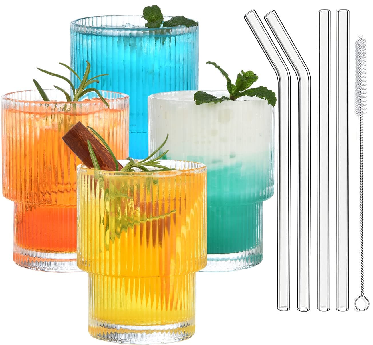 ALINK7 oz Ribbed Water Drinking Glasses with Glass Straws 4pcs Set, Vintage Iced Tea Coffee Cups Glassware, Ridged Glass Tumbler for Coocktail, Whiskey, Beer
