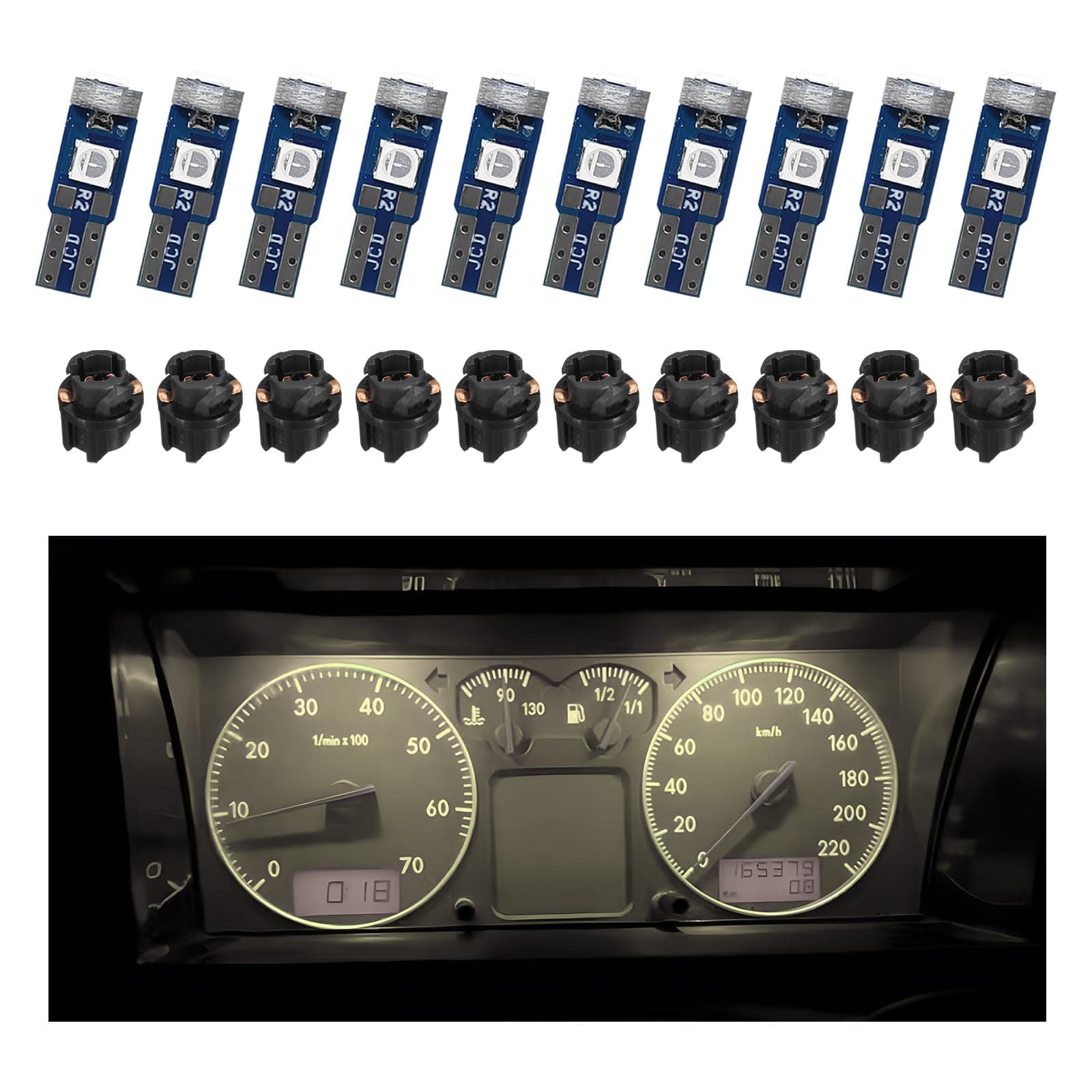 10PCS T5 LED Lights for Car Dashboard, Super Bright 3030-3SMD Auto Bulb with Twist Lock Socket, Interior Instrument Panel Gauge Indicator Replacement, Car Accessories (Warm White)