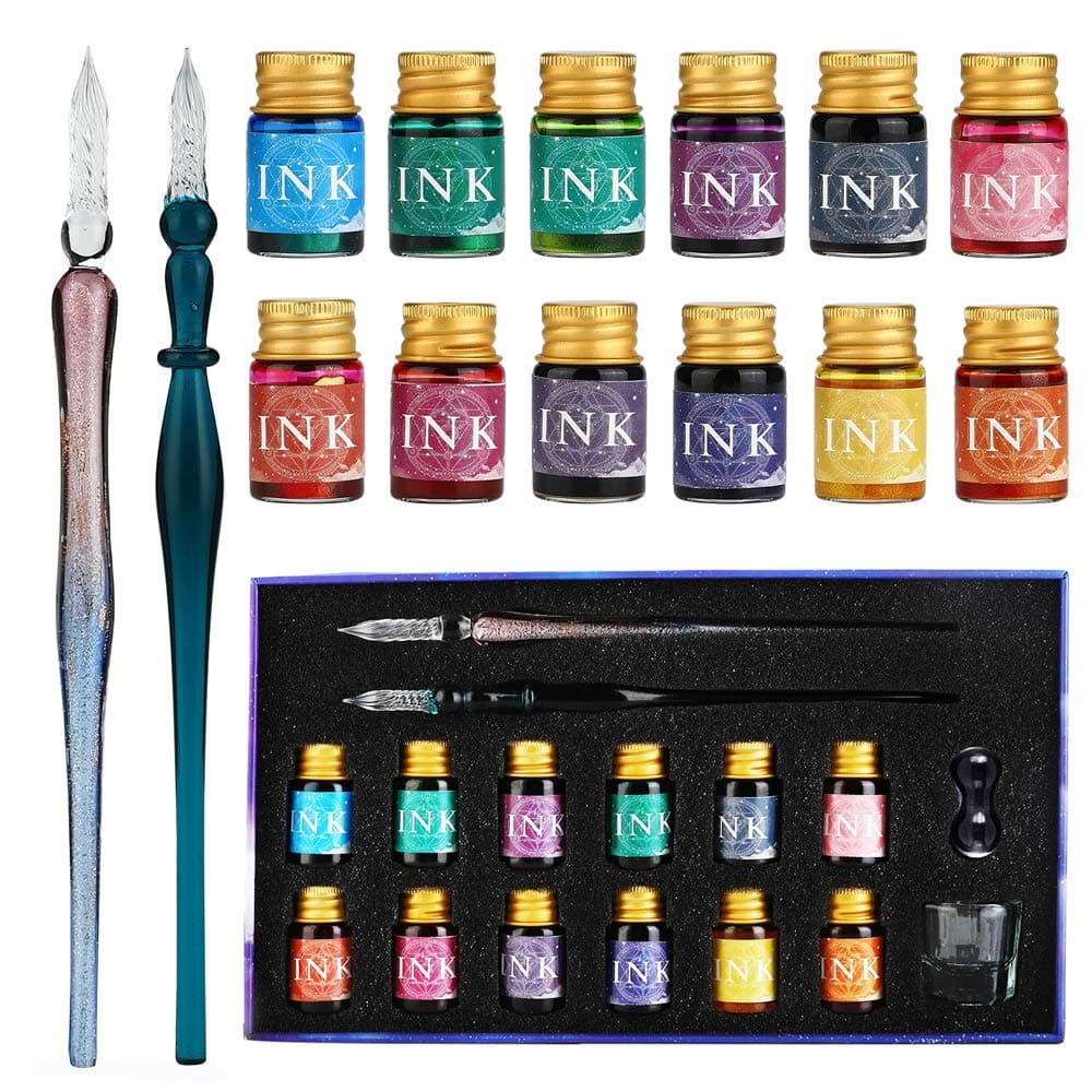 GC Glass Dip Pen Set - 2 Glass Dip Pens, 12 Multicoloured Ink, 1 Pen Holder and 1 Cleansing Cup - for Greeting Cards, Poster Cards, Signatures, Calligraphy, Drawing, Writing, Decoration and Gift GC-16