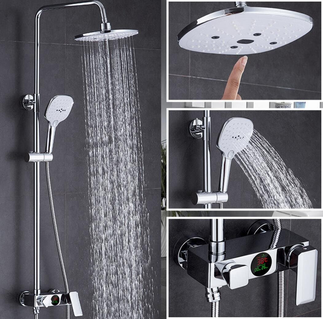 MLFMHR TH-112 LED Digital Display Bathroom Rain Shower Set Shower System Includes Luxury Bathtub Rain Shower Head Handheld Shower, Polished Chrome