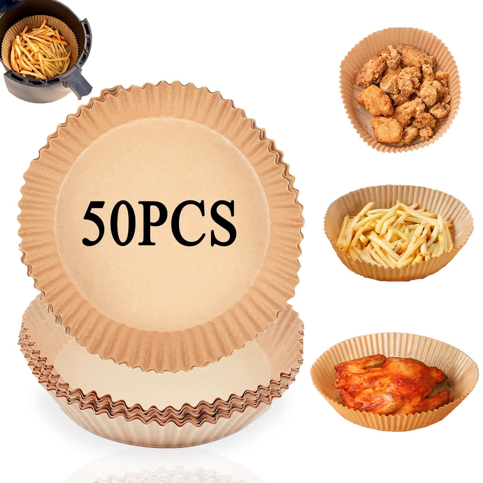 Hbitsae Air Fryer Disposable Paper Liners Non-stick Disposable Air Fryer Liners Round Baking Paper for Air Fryer Oil-proof, Water-proof, Parchment for Baking Roasting Microwave (7.8in -50pcs)