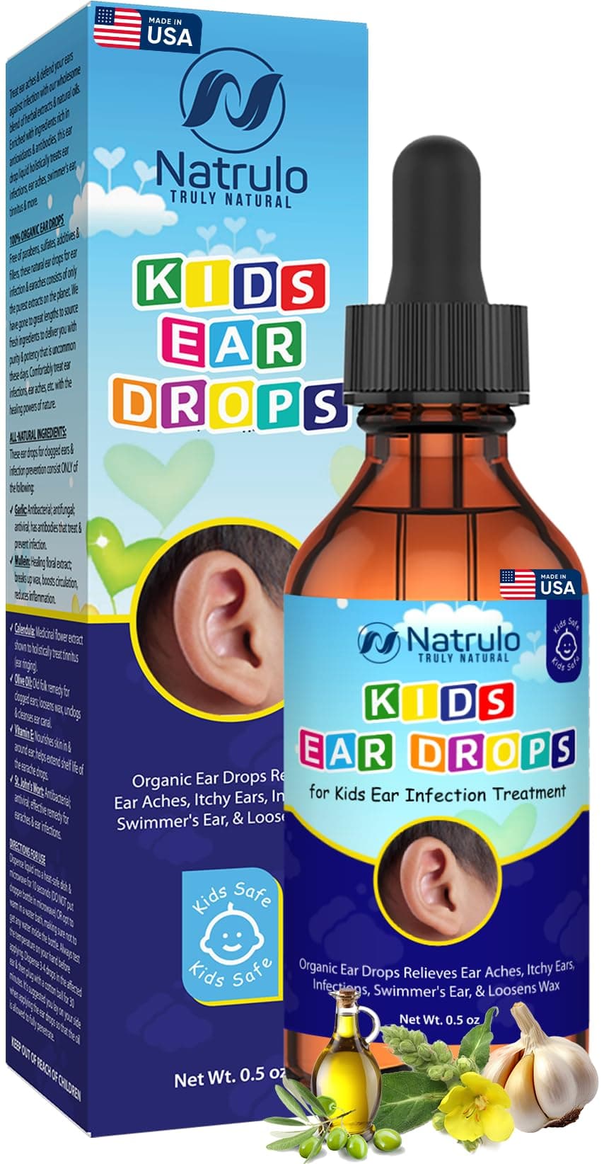 Natural Ear Drops for Kids Ear Infection Treatment – Organic Children Ear Oil Drops Relieves Ear Aches, Itchy Ears, Infections, Swimmer's Ear, & Loosens Wax – Kids Safe, Made in USA