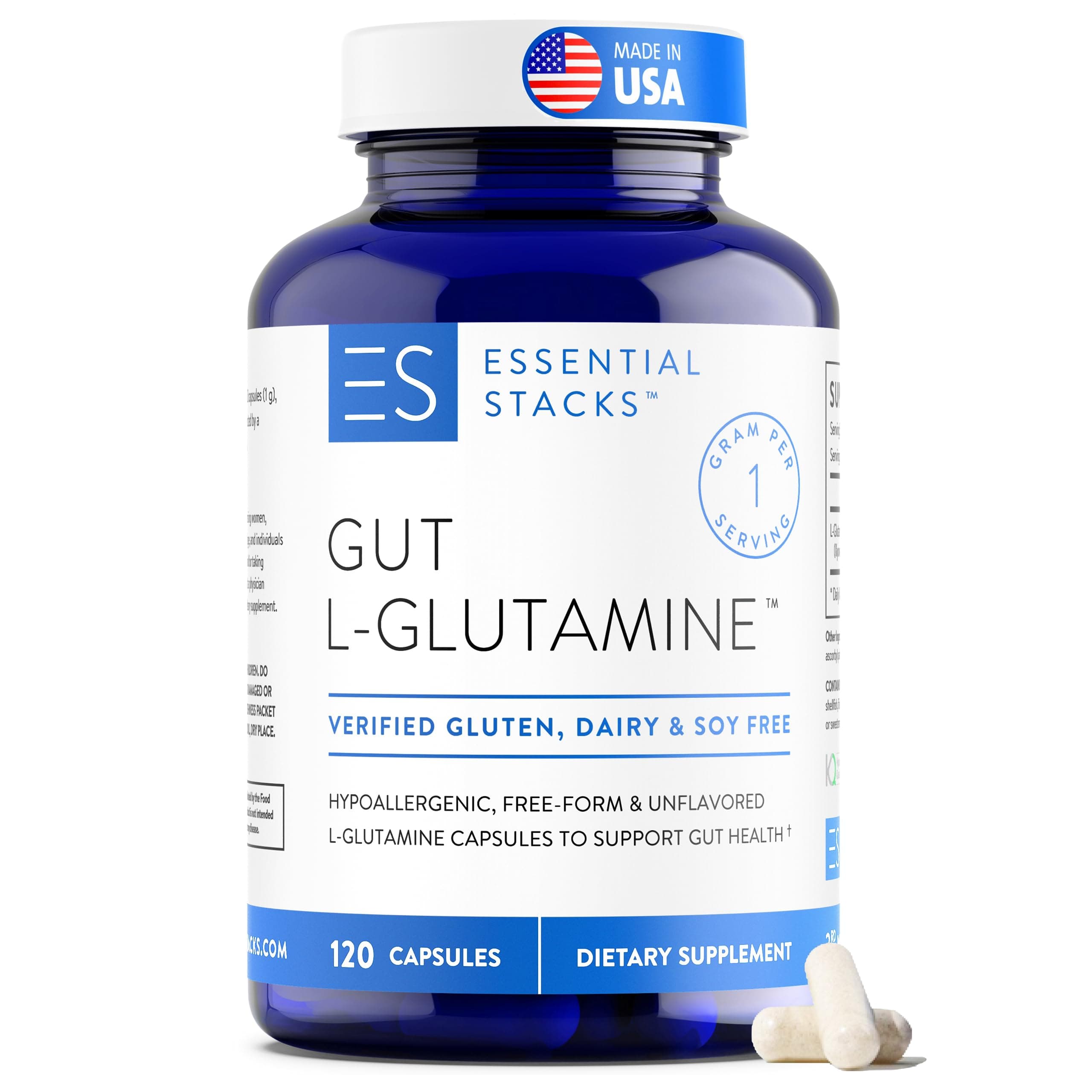 Gut L-Glutamine Capsules 1000mg (Made in USA) - Gluten, Dairy & Soy Free, Non-GMO L Glutamine for Gut Health - 60 Serves (120 Caps)