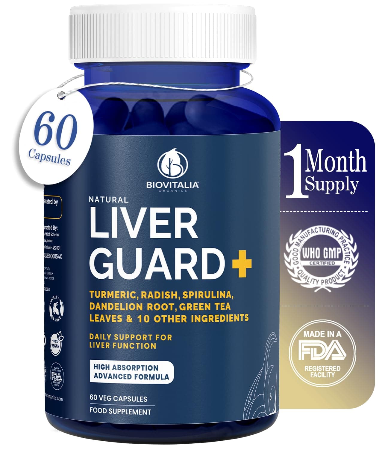Biovitalia Liver Guard+ Capsules – High Potency Turmeric & Dandelion Root Herbal Supplement – Vegan Liver Support Formula with Flavonoids – 60 Capsules – Non-GMO & Gluten Free