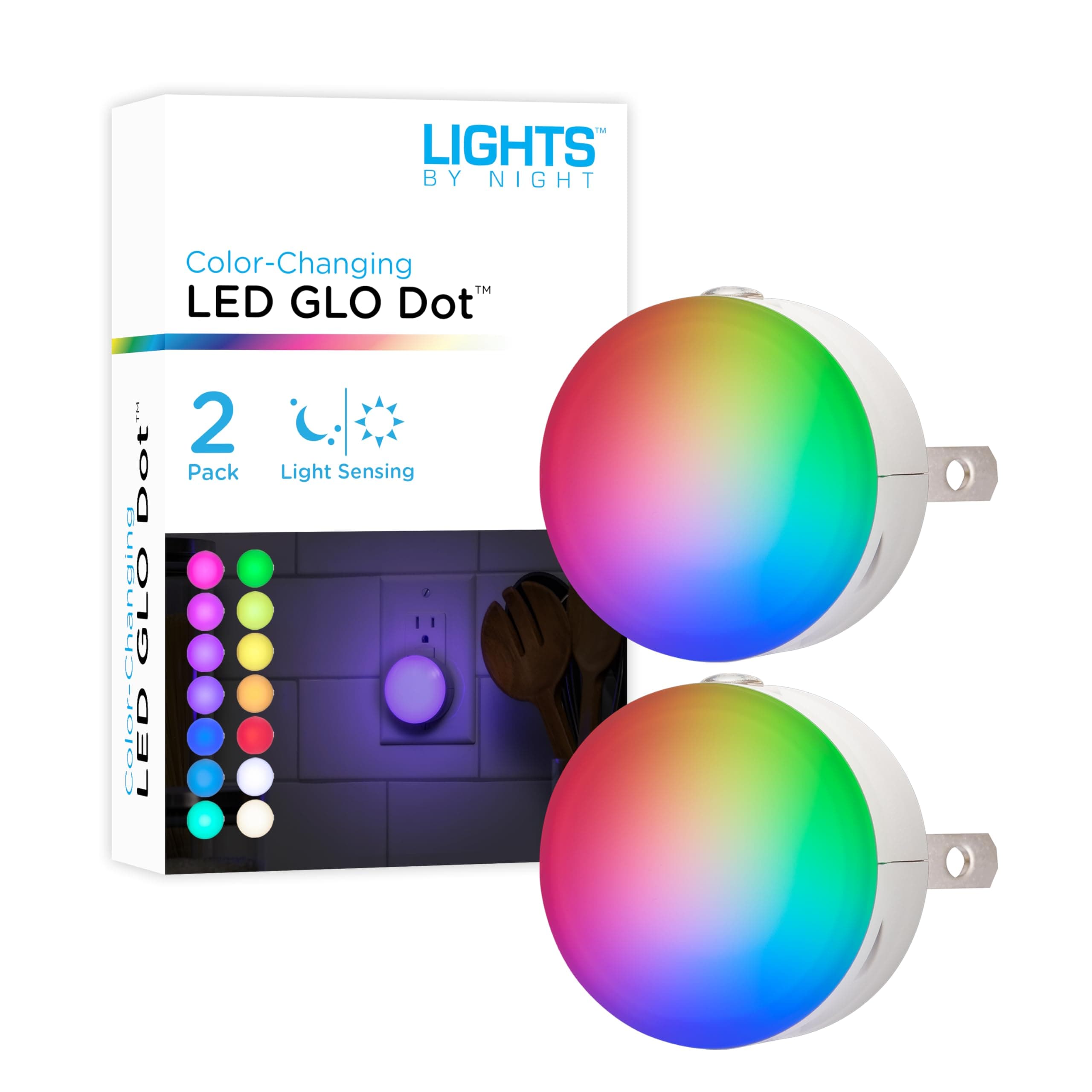 Color Changing Mini LED Night Light, Plug-in, Dusk to Dawn Sensor, Compact, 3 Modes, Ambient Lighting, for Kids or Adults, Bedroom, Bathroom, Nursery, Hallway, 2 Pack, 73683