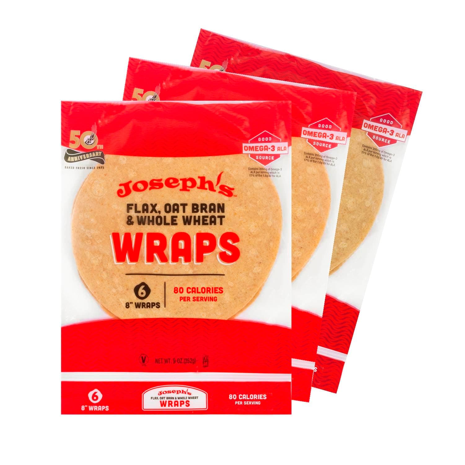 Joseph's Low Carb Wrap Value 3-Pack, Flax, Oat Bran and Whole Wheat, 8g Carbs Per Serving, Fresh Baked (6 Per Pack, 18 Wraps Total)