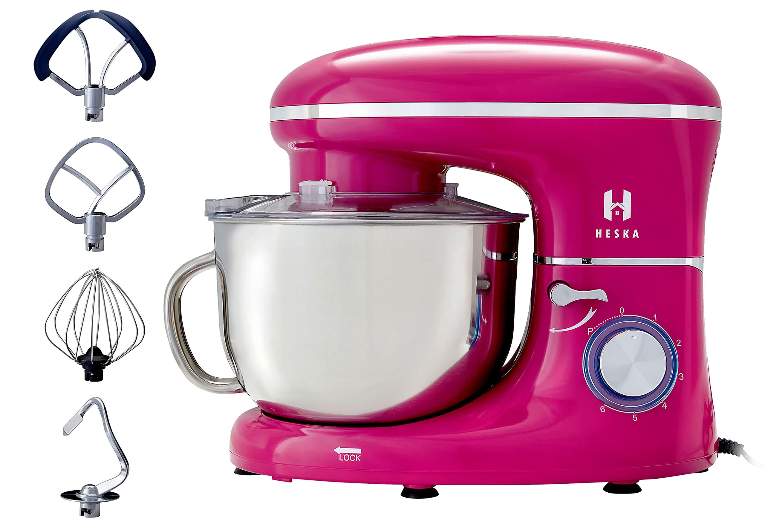 Heska -1500W Food Stand Mixer - 4-in-1 Beater/Whisk/Dough Hook/Flex Edge Beater - 5.5 Litre Mixing Bowl with Splash Guard (Pink)