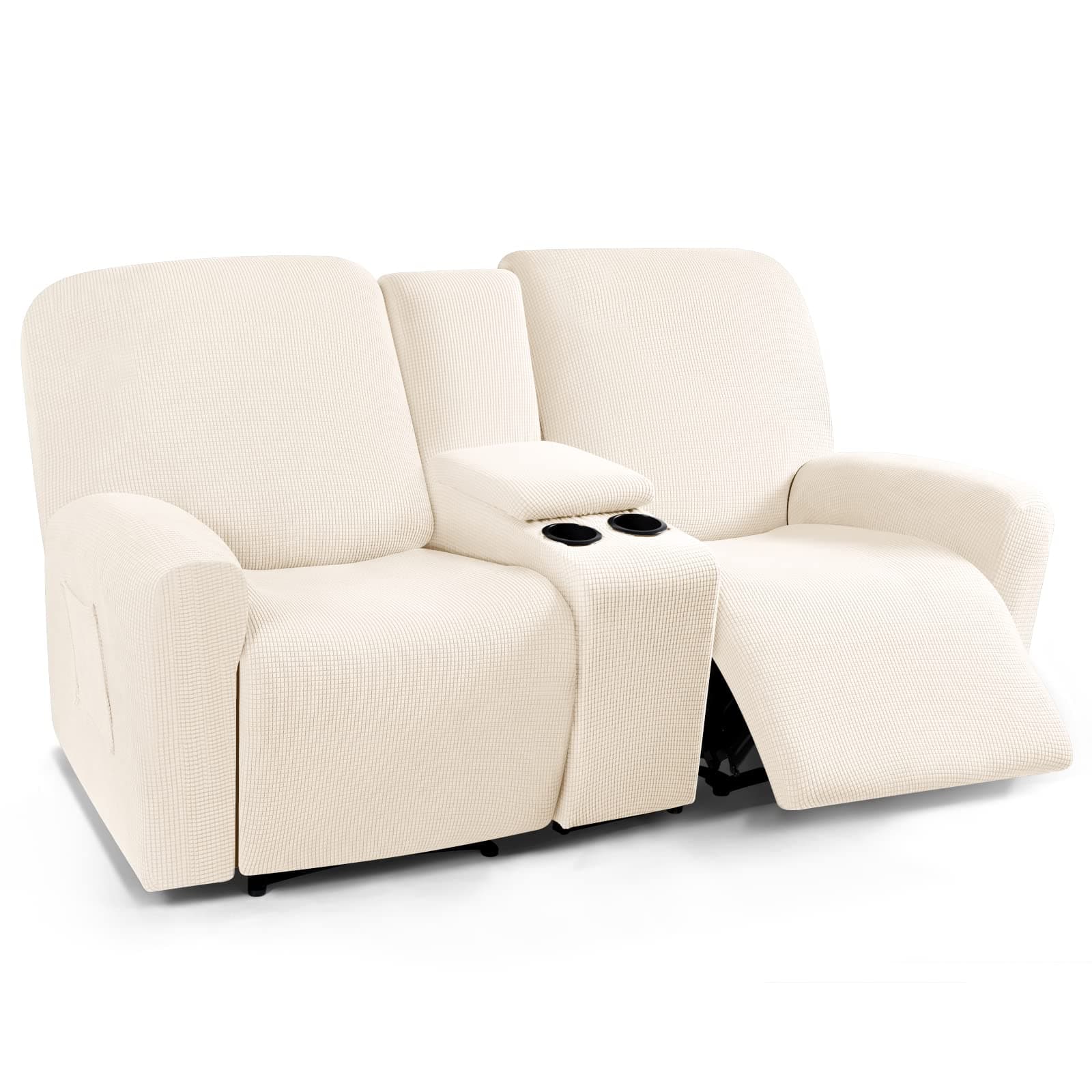 TAOCOCORecliner Loveseat Cover with Middle Console Sofa slipcover, Stretch Reclining Sofa Covers for 2 Seat Reclining Couch, Jacquard Pattern Soft Loveseat Slipcover Furniture Protector, Beige
