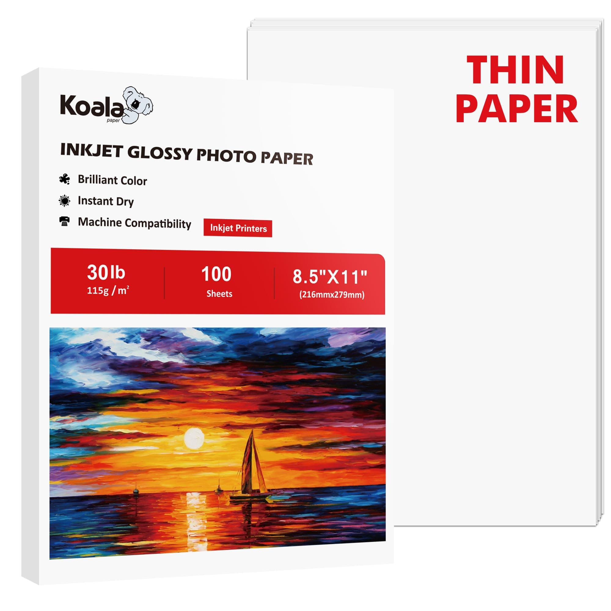Koala Glossy Thin Inkjet Paper 8.5x11 Inches 100 Sheets Compatible with Inkjet Printer Use DYE INK 115gsm
