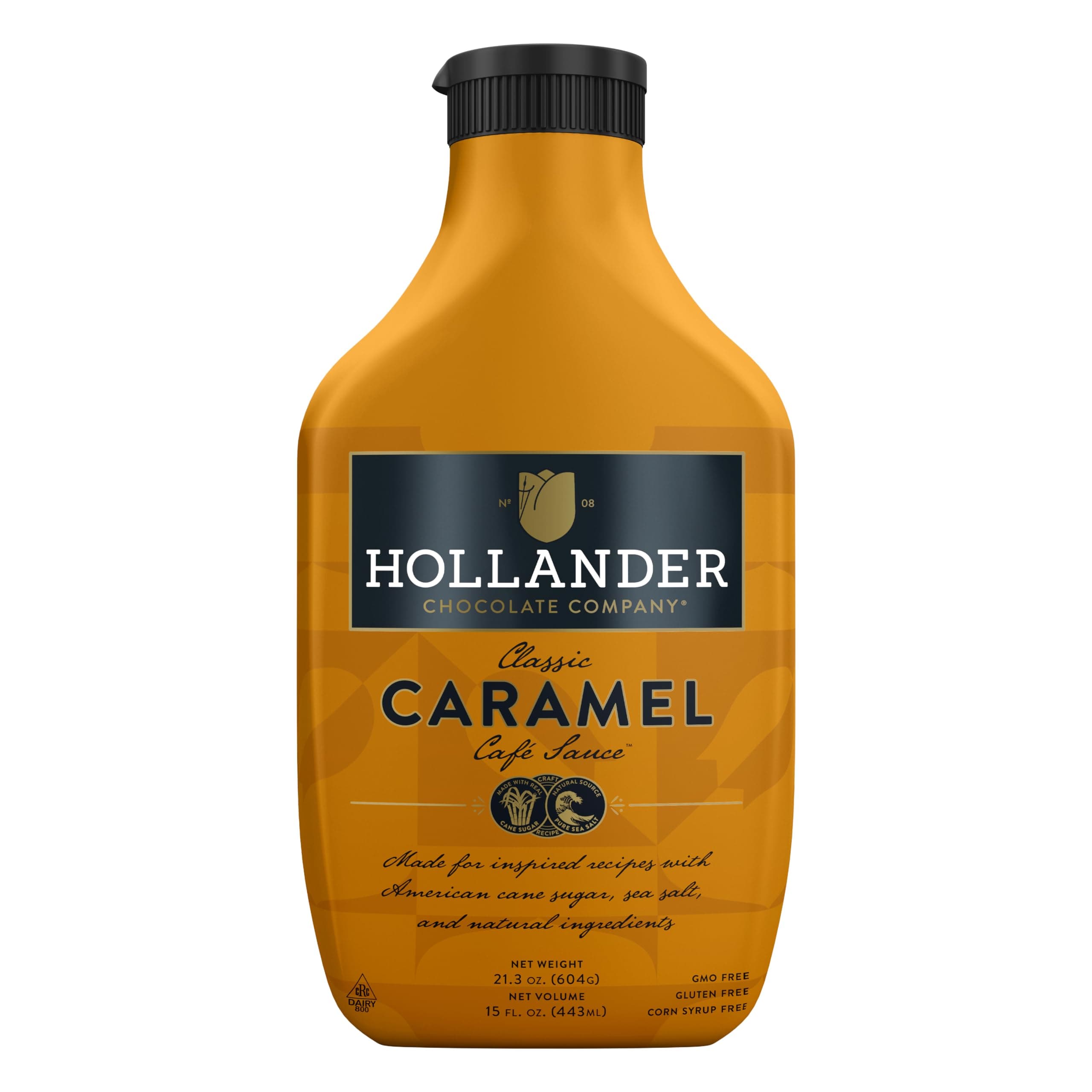 Hollander Caramel Café Sauce | GMO Free, Corn Syrup Free, Soy/Gluten Free |15 fl. oz. Squeeze Bottle | Flip Cap