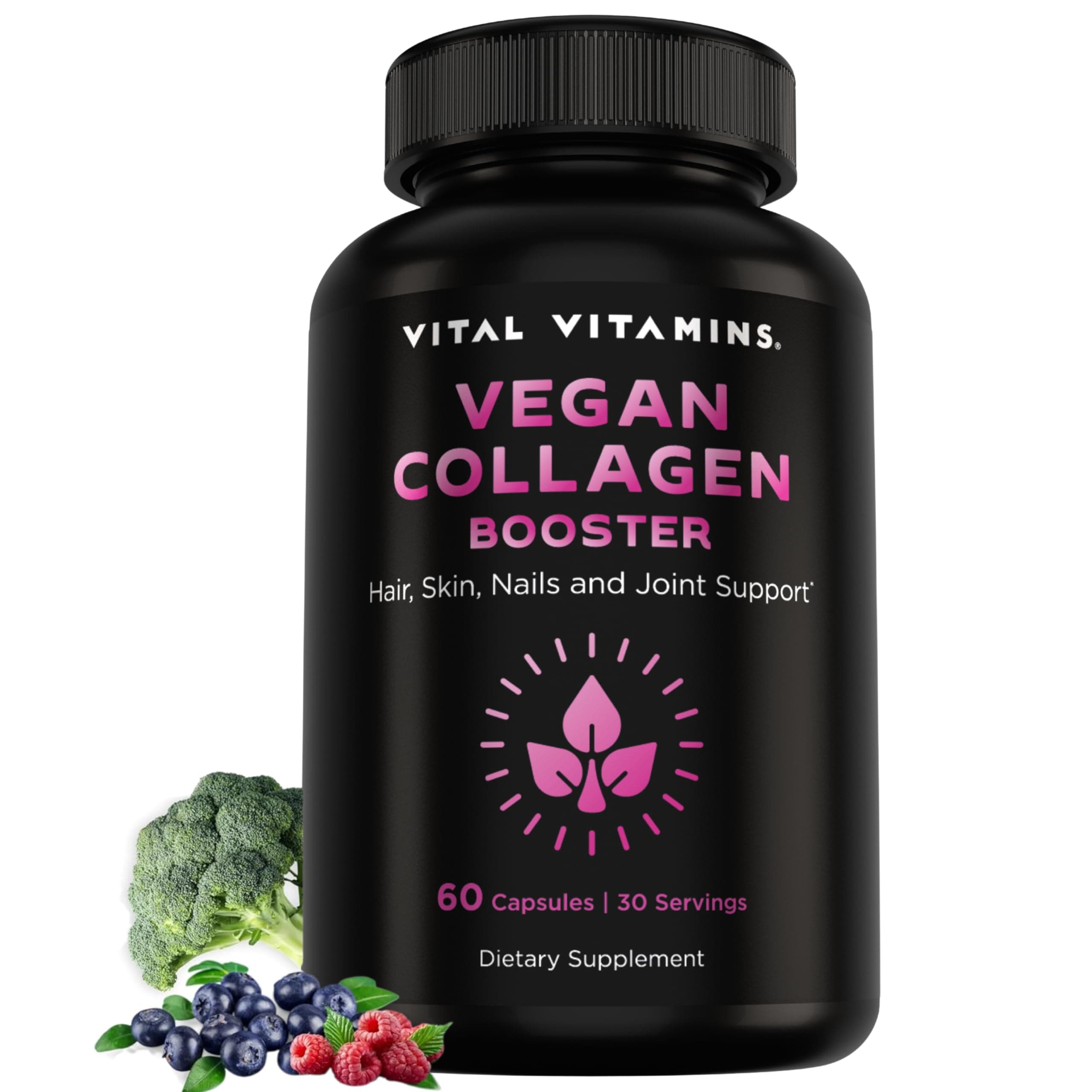 Vital Vitamins Vegan Collagen Booster - with Silica and Hyaluronic Acid - Plant-Based Collagen Supplements - Supports Hair, Skin, Nails & Joints - 60 Capsules