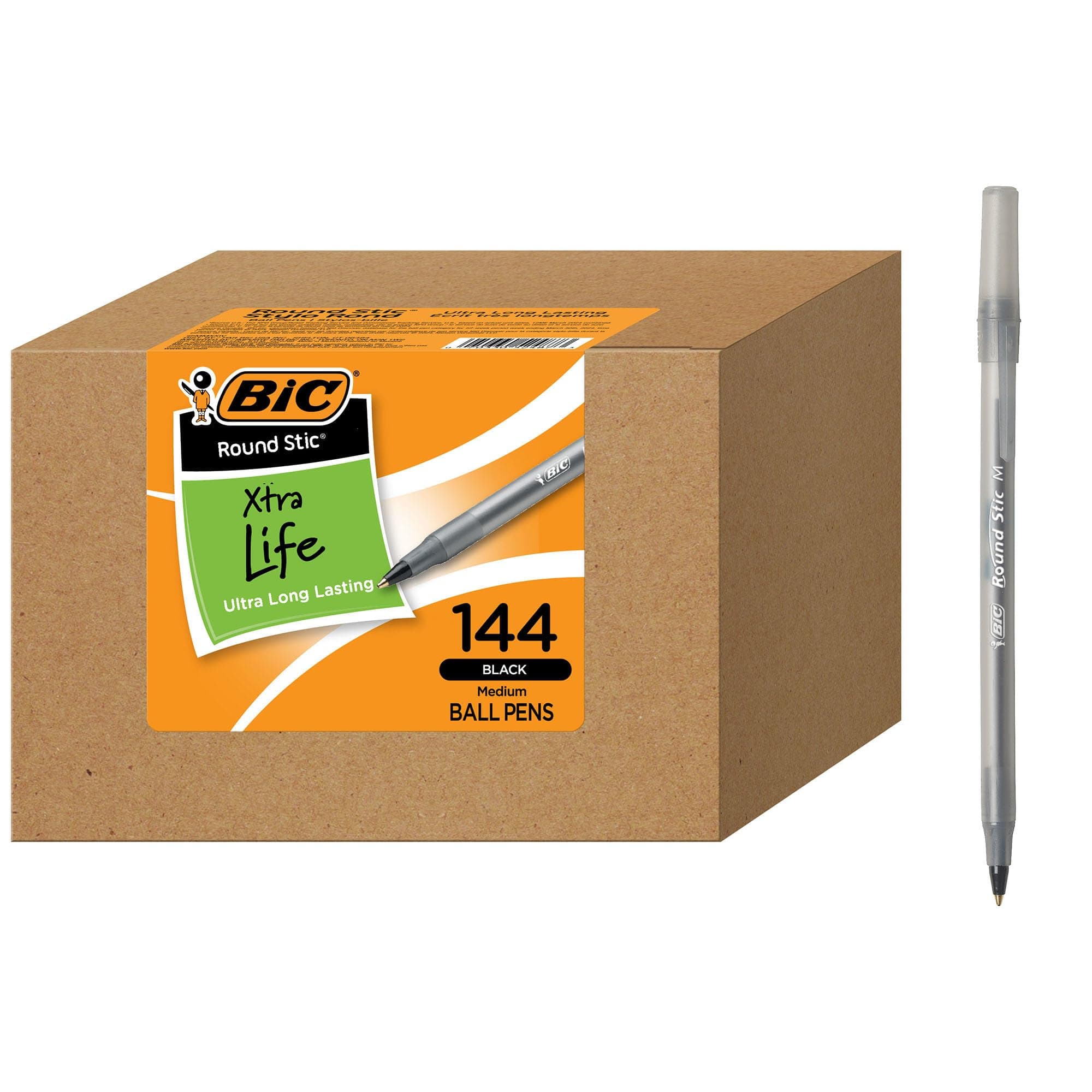 BIC Round Stic Xtra Life Ball Point Pen, Black, 144-Count
