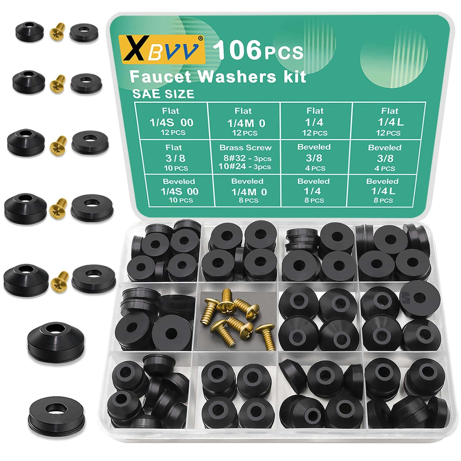 106 PCS Faucet Washer Assortment Kit with Assorted Flat and Beveled Rubber Washers for Outdoor Garden Faucet Stem Leak Worn Replacement Repair