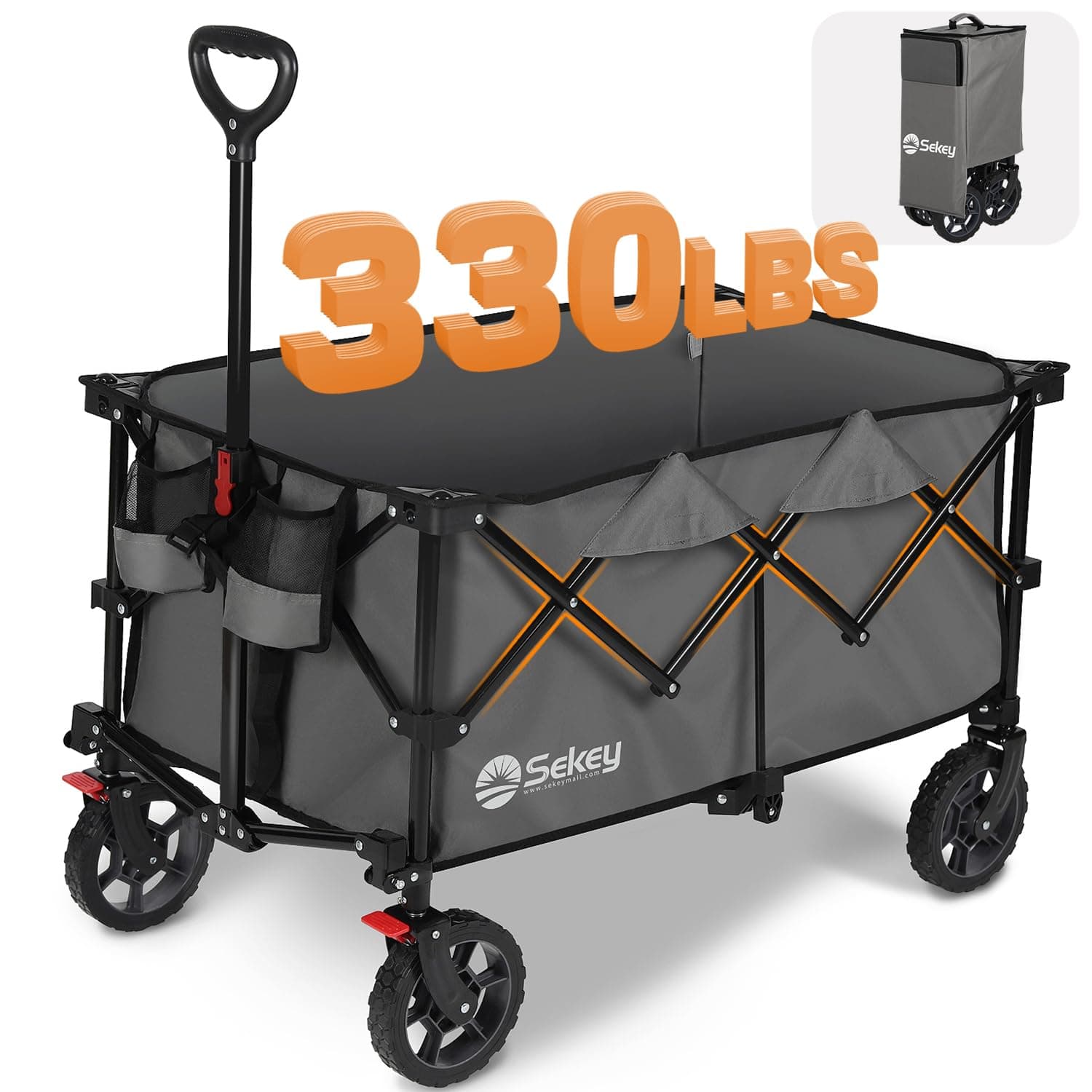 SekeyCollapsible Foldable Wagon with 330lbs Weight Capacity, Heavy Duty Folding Wagon Cart for Grocery Camping Shopping Sports, with Big All-Terrain Wheels & Drink Holders.Grey
