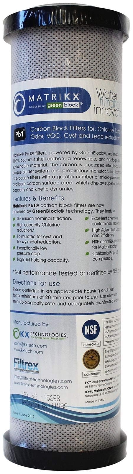 MatriKX (06-250-10-GREEN) 9.75 .75 Pb1 Carbon Block Lead Removal 0.5 Micron Filter