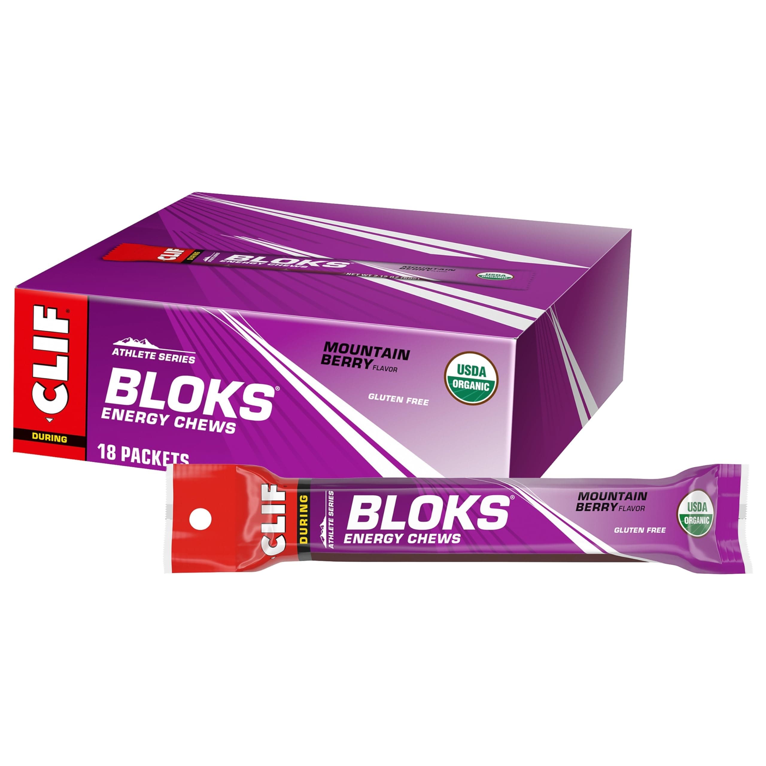 - CLIF BLOKS - Mountain Berry Flavor - Energy Chews - Non-GMO - Plant Based - Fast Fuel for Cycling and Running - Quick Carbohydrates and Electrolytes - 2.12 oz. (18 Count)