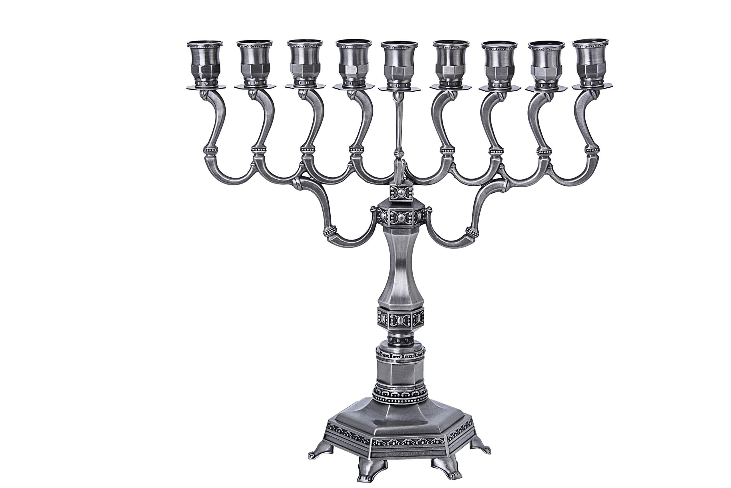 Pewter Finished 14" Hanukkah Menorah for Oil or Candle use