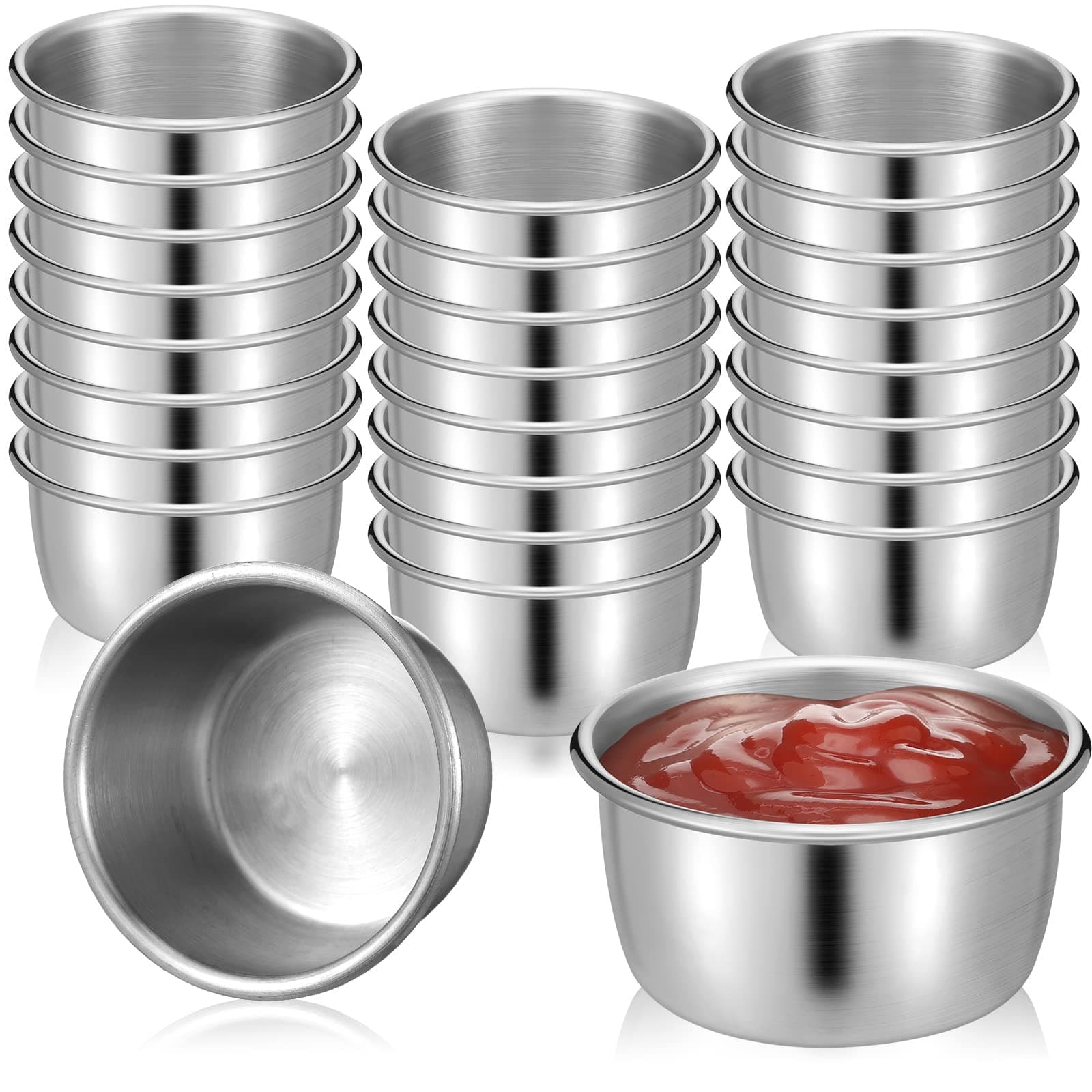24 Pack Ramekins Dipping Sauce Cups Stainless Steel Sauce Cups Small Metal Bowls Mini Round Dipping Cups Pudding Condiment Cups for Kitchen Restaurant Home Party Supplies, Silver, 1.4 oz
