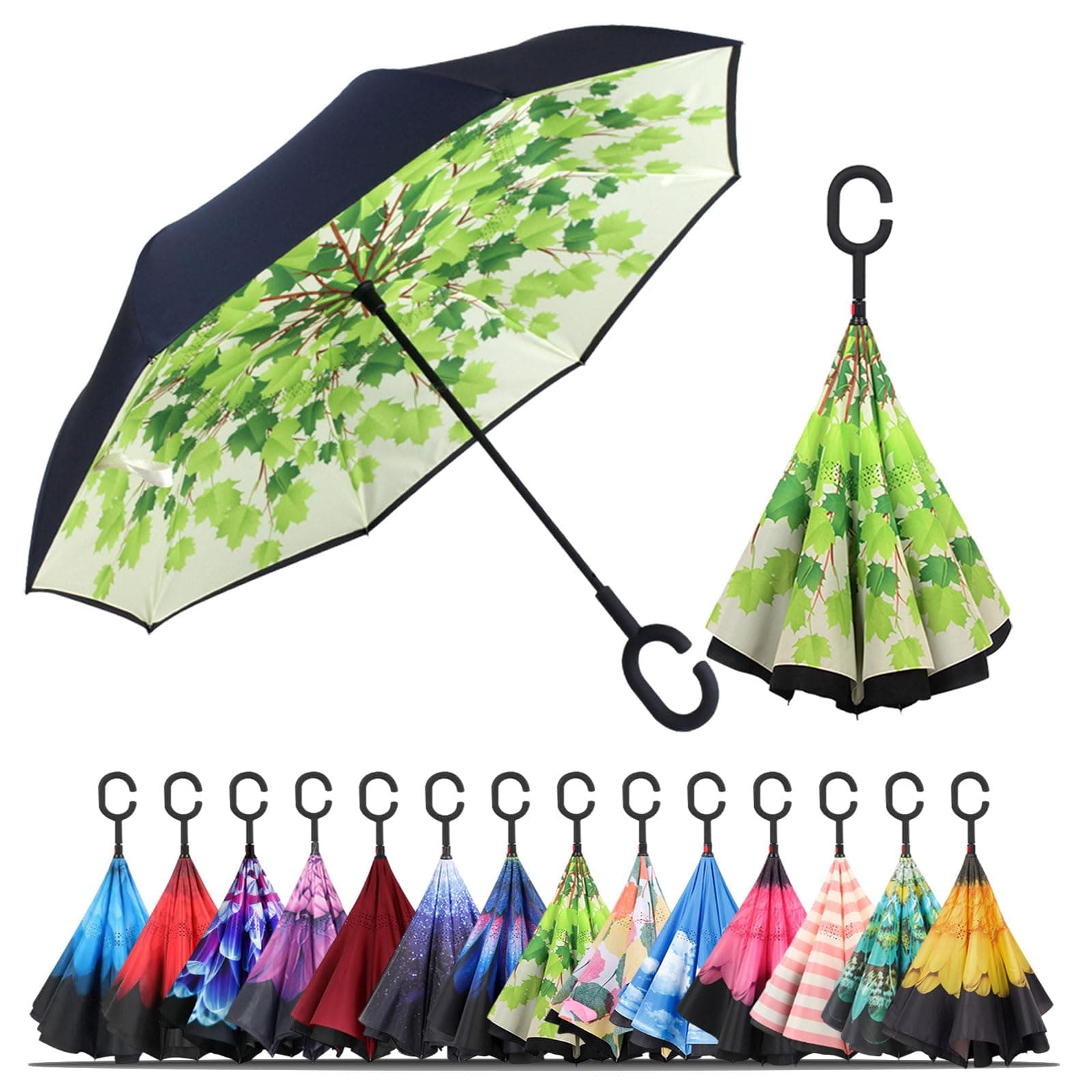 Windproof Inverted Umbrella, Large Reverse Umbrellas for Rain with C-shaped Handle Big Upside Down Inside Out Umbrella for Women & Men