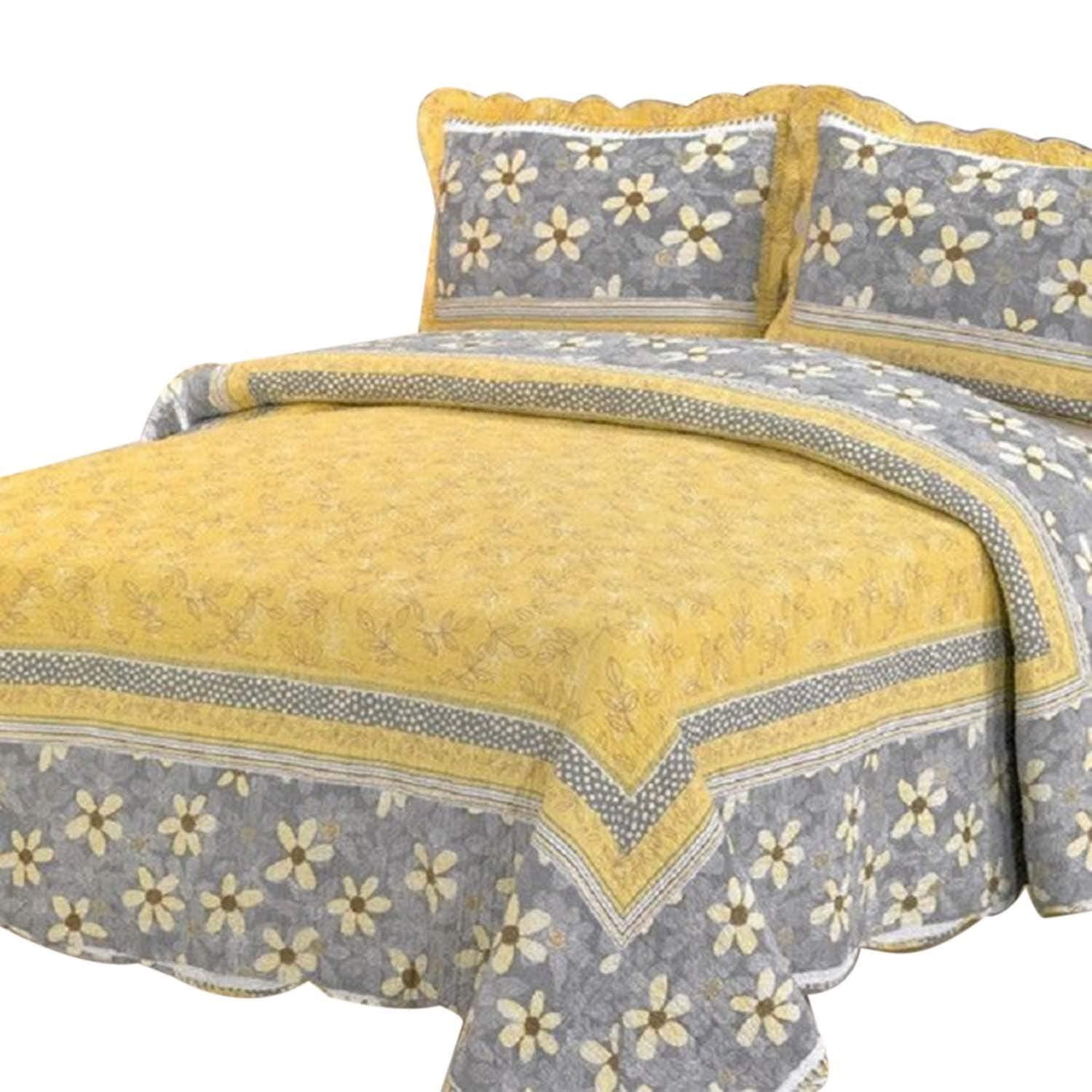 Newrara100% Cotton Yellow Color with Flower Grey Quilt Set/Patchwork Quilt/Multifunction Bedspread/Bed Cover/Bedding Set /3pcs/Queen Size(230cm*250cm)