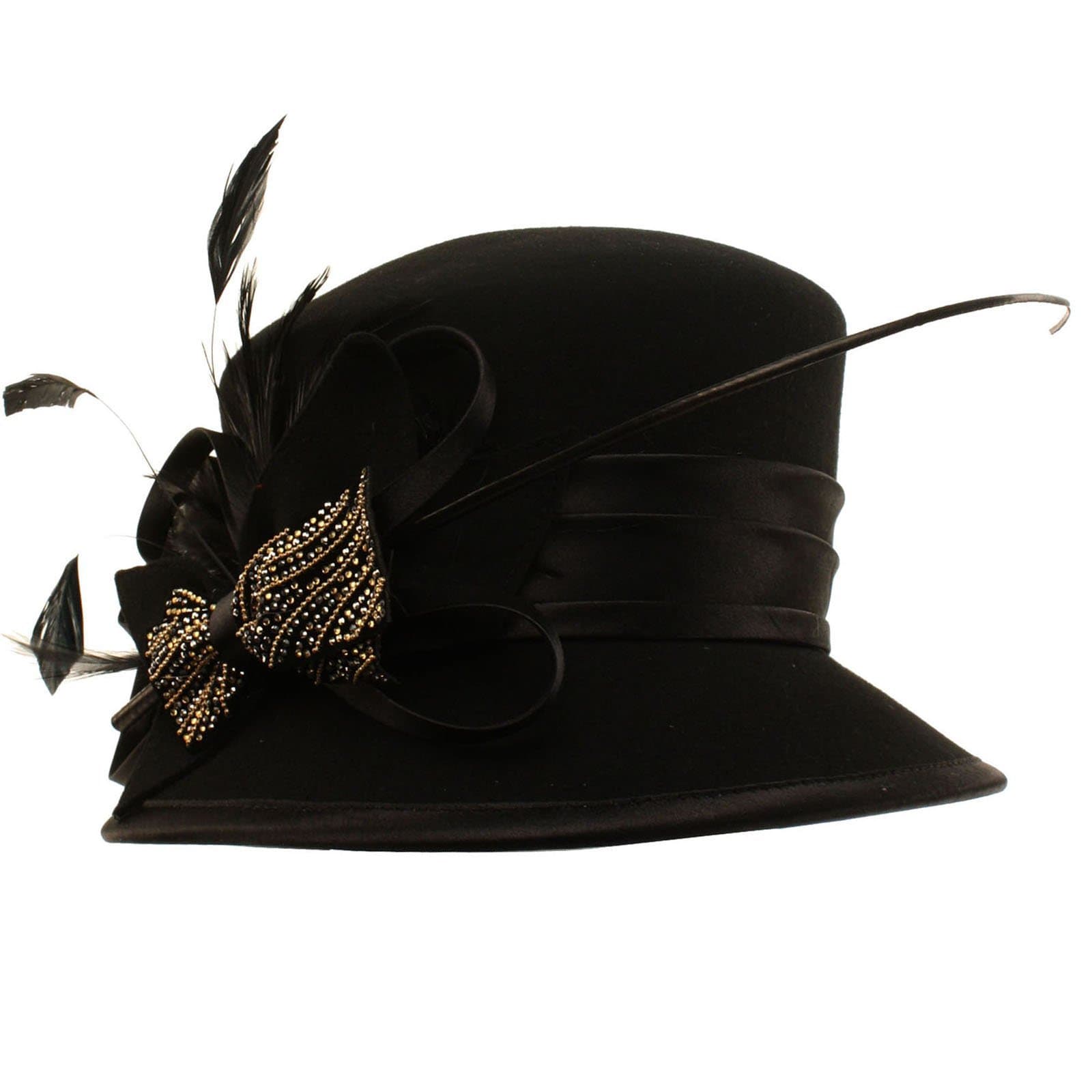 Winter Wool Ribbon Bow Quill Feathers Cloche Bucket Church Hat Adjustable Black