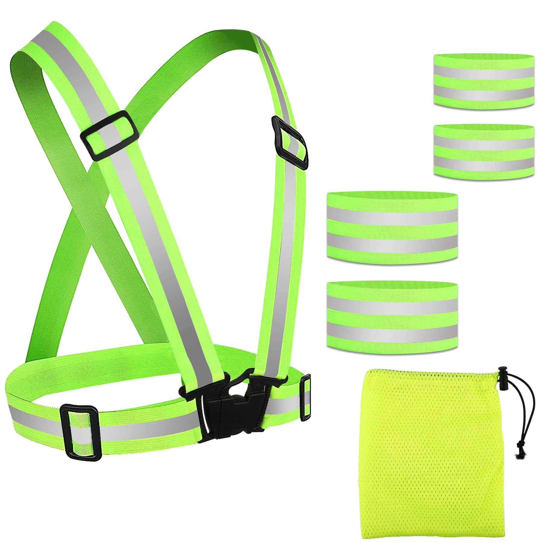 SANNIXReflective Vest Adjustable, Reflective Running Gear with 2 Reflective armbands, 2 Reflective wrist bands, High Visibility Reflective Gear Suitable for Men Women Kid Jog Running Walking Dog